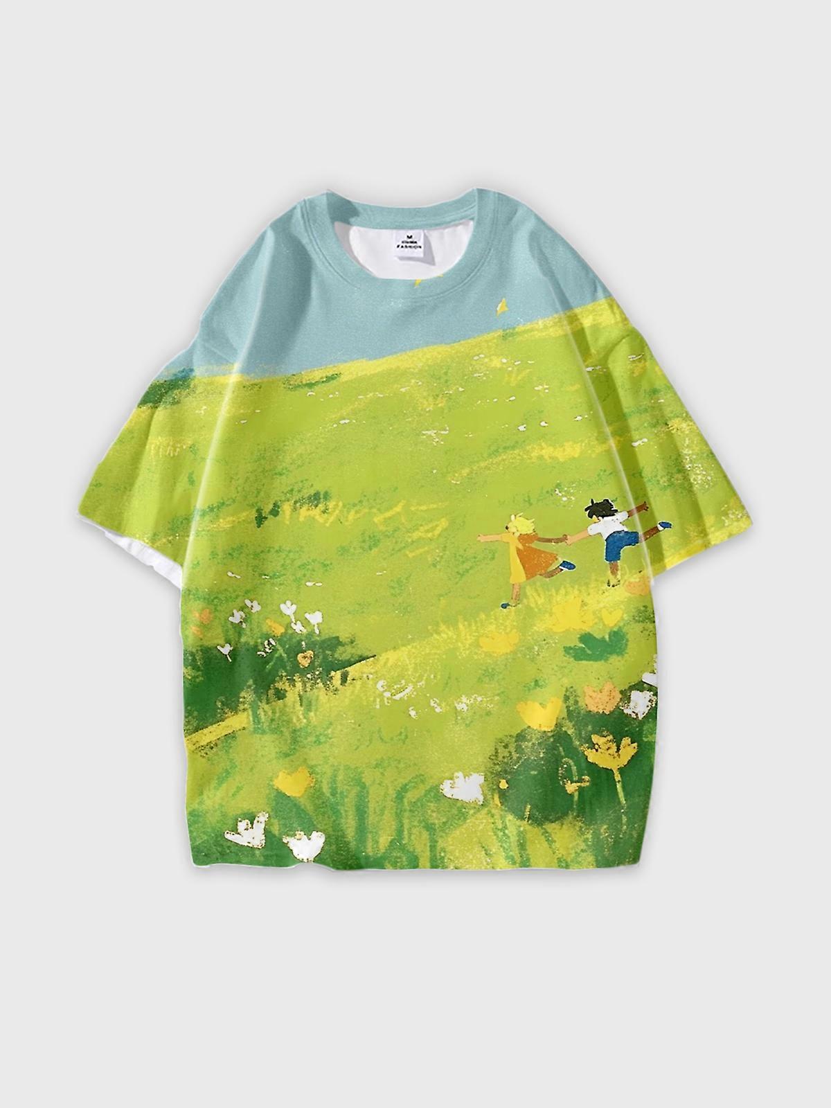 T-Shirt Round Neck, Loose Short Sleeve Pattern Graphic Tee, Unisex Summer Casual Top V2946