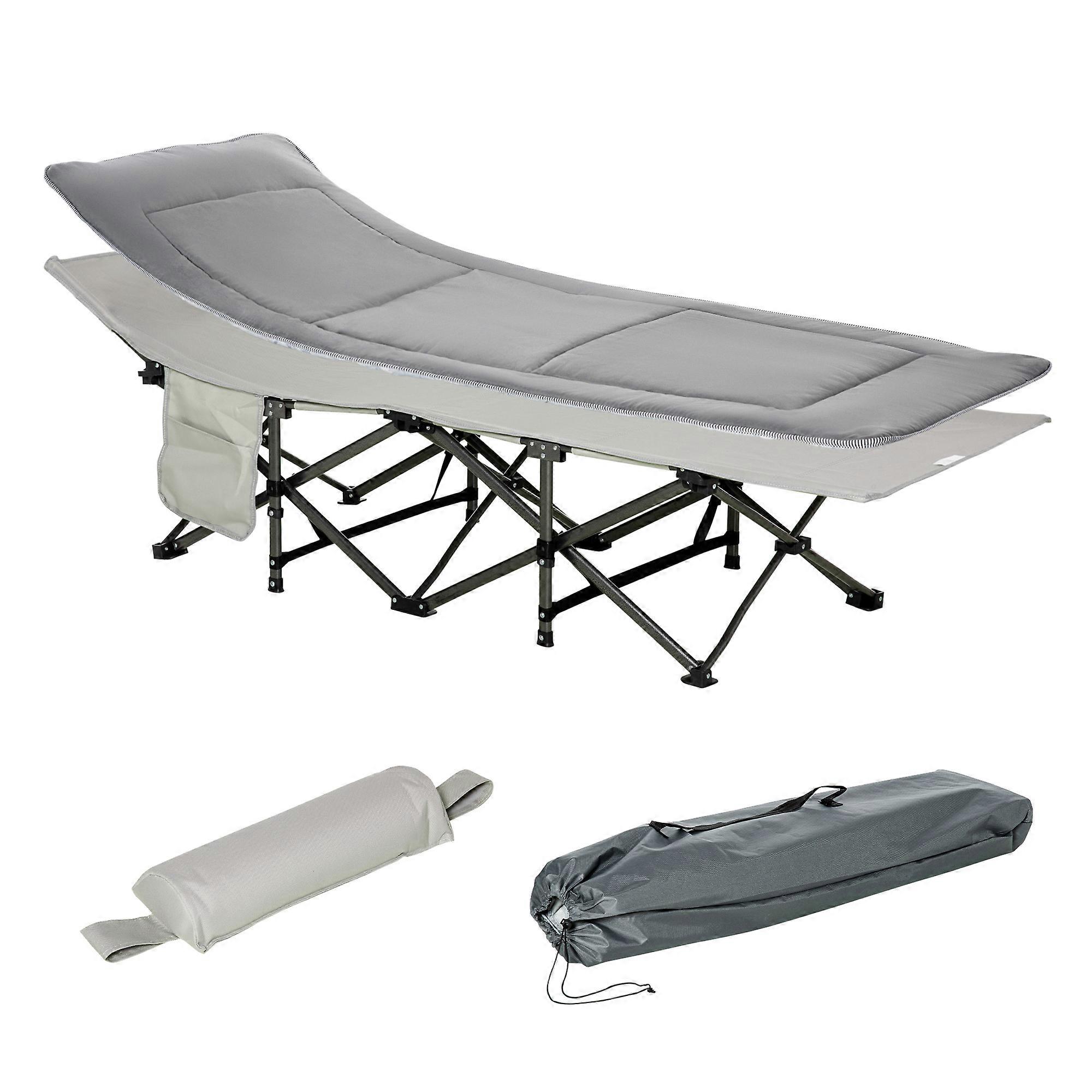 Outsunny foldable camping bed with pillow and side pocket, light gray mattress,