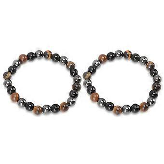 2 Pcs Pulseira de pedra natural preta de alta elasticidade tripla proteção Pulseiras de pedra de olho de tigre riqueza para a maioria dos homens mulheres ágata