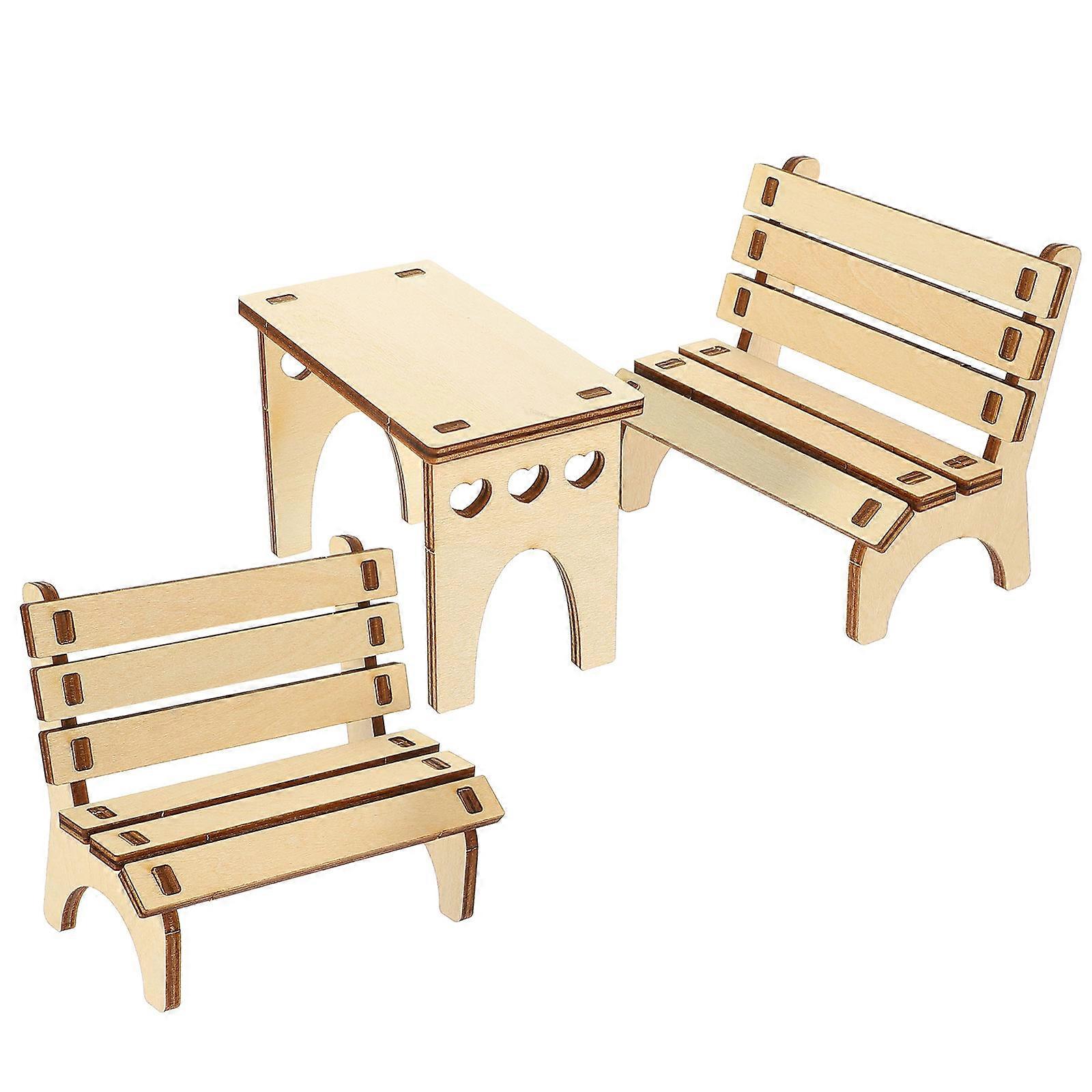 Hamster Cage Decor DIY Wood Toy Table and Bench 3Sets Beige