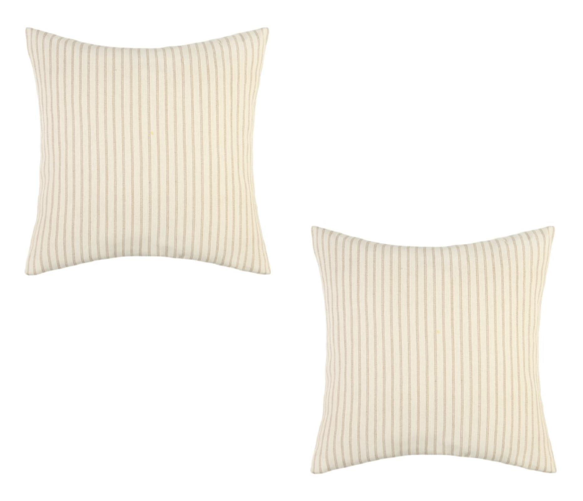 Linen Stripe Pillow Covers Set Of 2, 18x18 Inches, Khaki Vertical Stripe Cushion Covers For Sofa And Office, No Insert