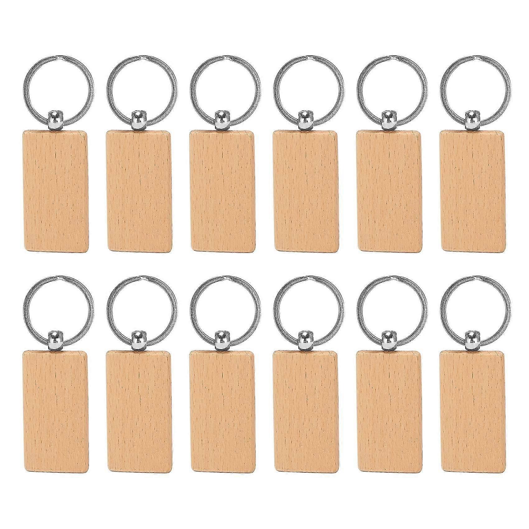12 Pcs Blank Wooden Key Chain Rectangle Key Chain Tags Wood Keychains Key Ring For Diy Craft