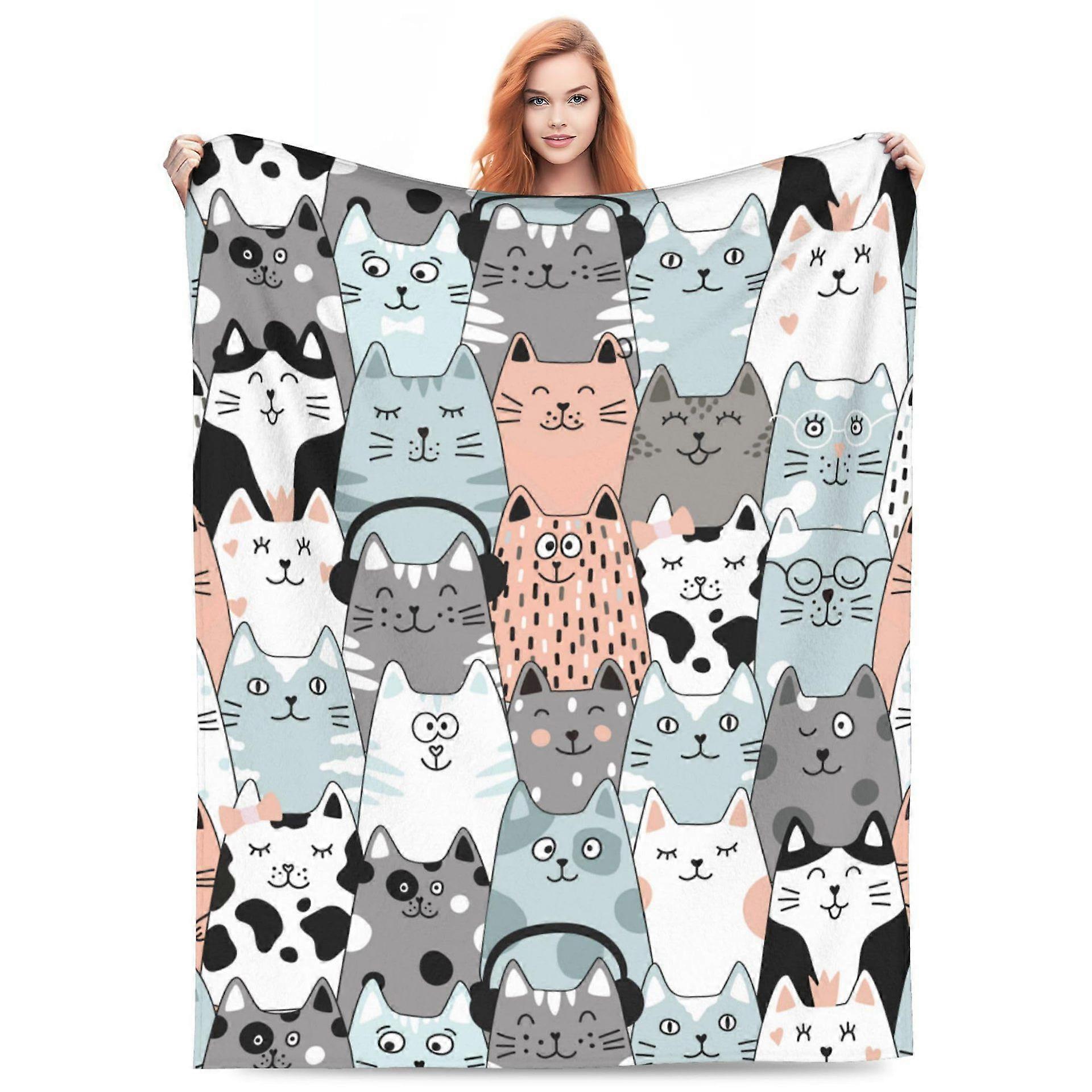 Pink Face Gray Cat Blanket Printed Plush Fluffy Flannel Blanket Soft  And Bed Throw-135x200cm