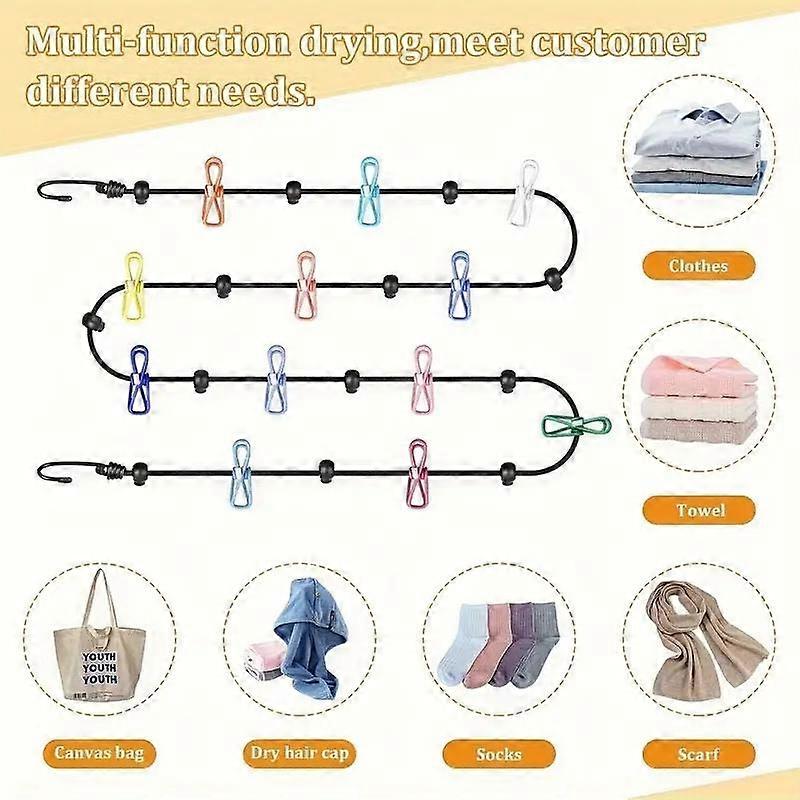 חבל כביסה נייד להרחבה לנסיעות עם 12 קליפסים, אביזרי כביסה פנימיים וקמפינג חיצוניים, עיצוב עמיד וחוסך מקום