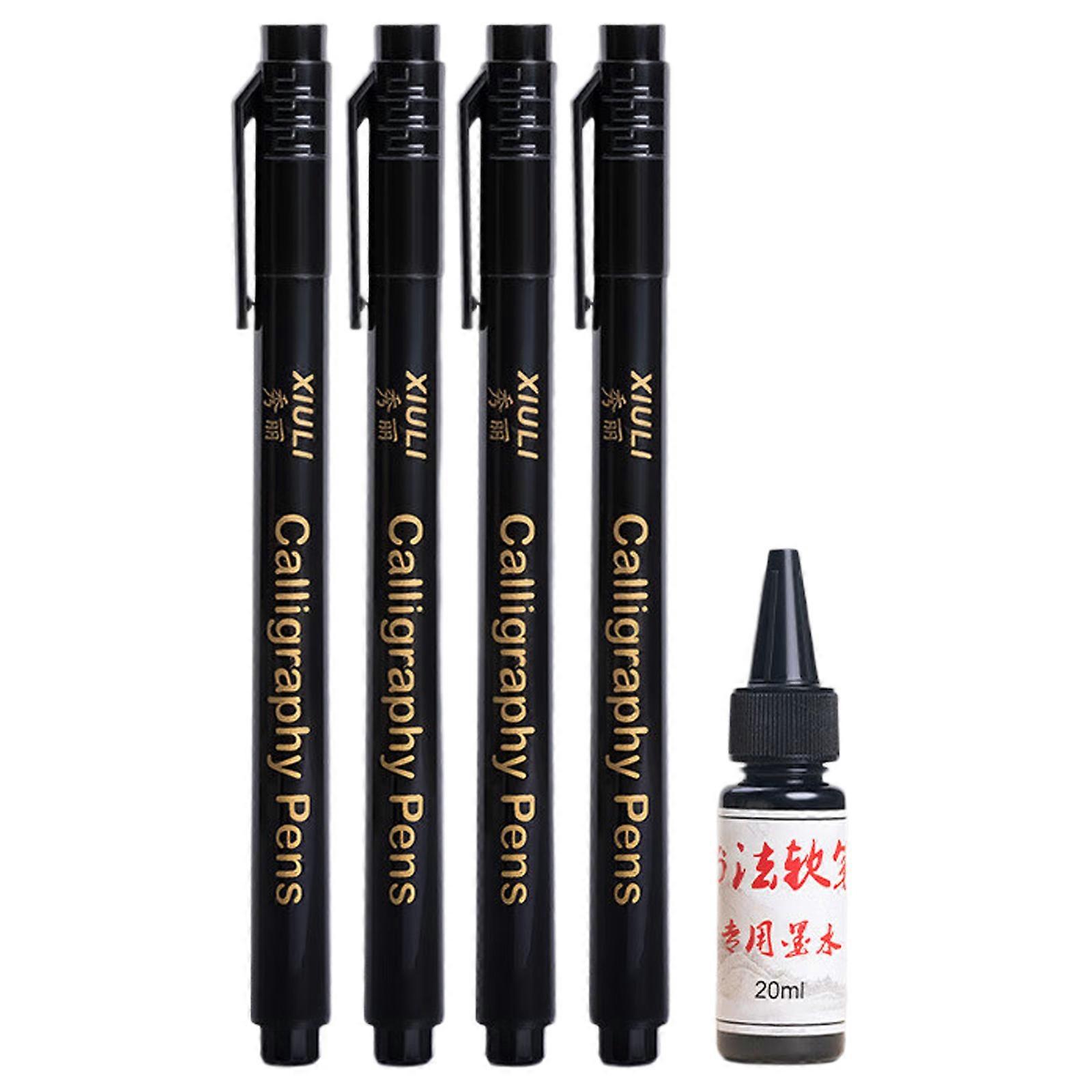 4Pcs Fine Line Drawing Brush Pen Refillable Calligraphy Pen Includes 25ML Inks Bottle for Beginner Calligraphy Practice Multicolor