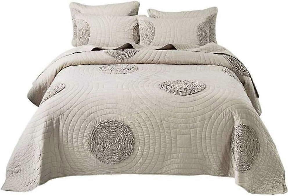 Quilted Cotton Bedspread Double Size Reversible Patchwork Coverlet with Pillowcases, White Beige 240x260cm
