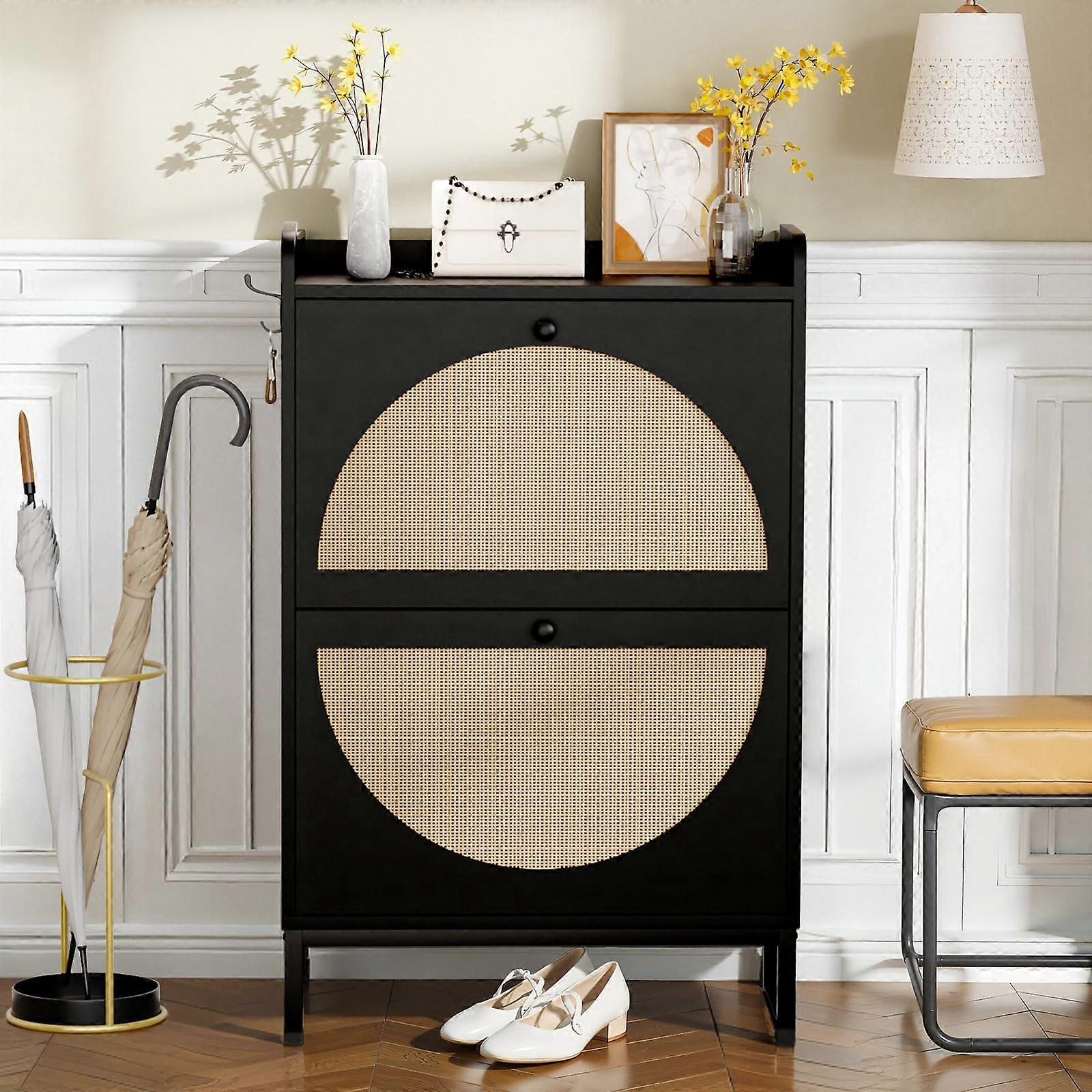 Slim Rattan Shoe Storage Cabinet with Flip Drawers for Hallway and Entryway Organization