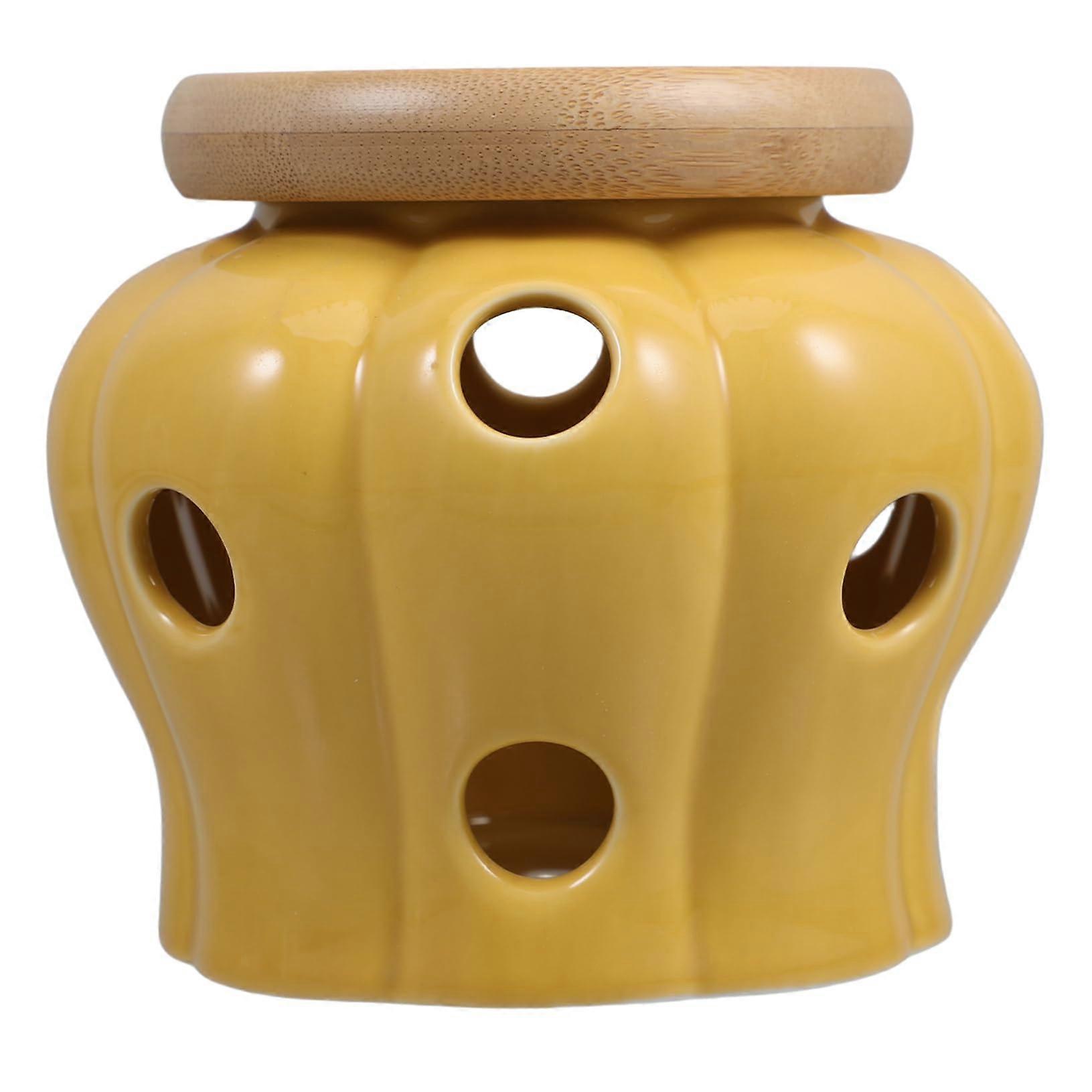 Garlic Storage Container Ceramic Keeper with Bamboo Lid for Fresh Kitchen Countertop Organization