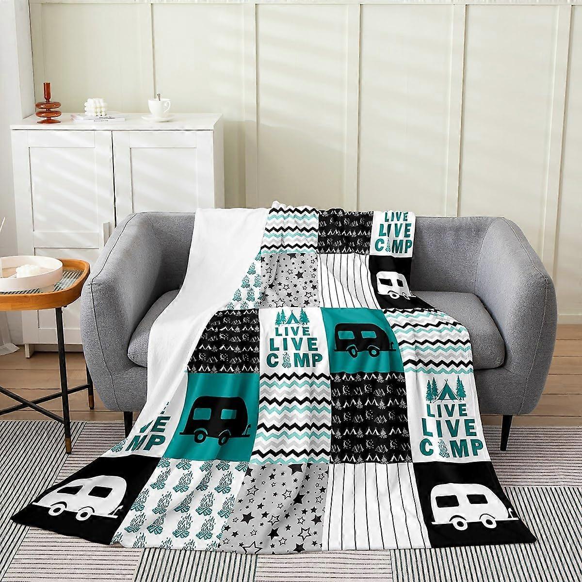 Flannel Fleece Throw Blanket Twin Size – Ultra Soft Plush Camping Theme 60x80 for Bed and Sofa