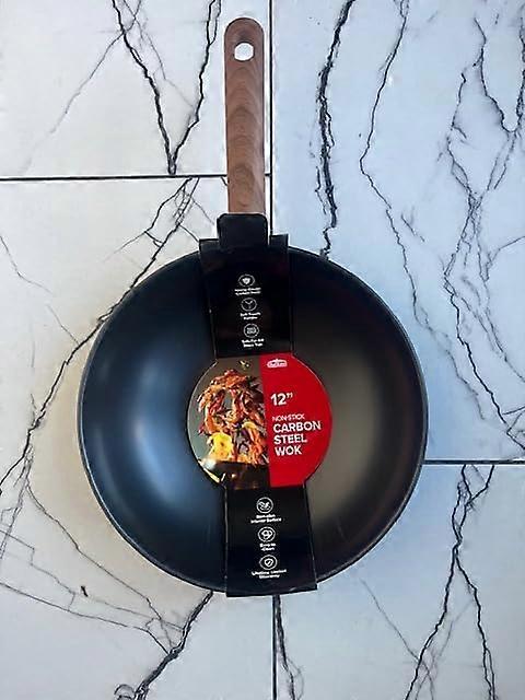 12 Inch Nonstick Carbon Steel Wok for Stir Fry with Long Riveted Handle and Rapid Heat Distribution