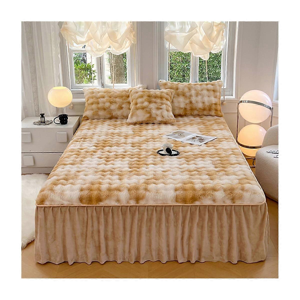 Soft Faux Rabbit Fur Bedspread with Elegant Ruffled Skirt 180x200cm and 2 Pillowcases Light Curry