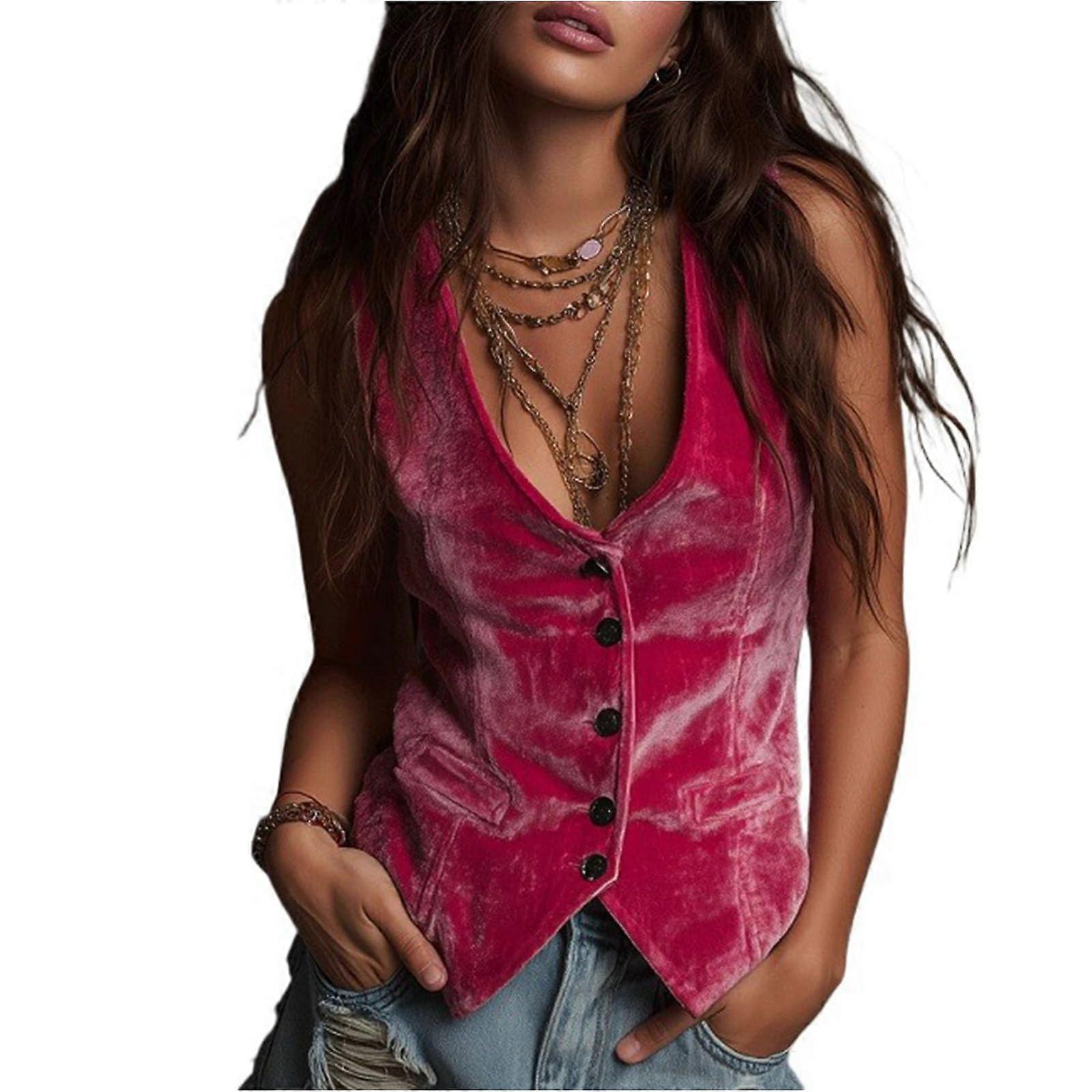 Ensemble en flanelle pour femme, décontracté, ouvert sur le devant, sans manches, style vestimentaire professionnel, rose rouge, taille XL