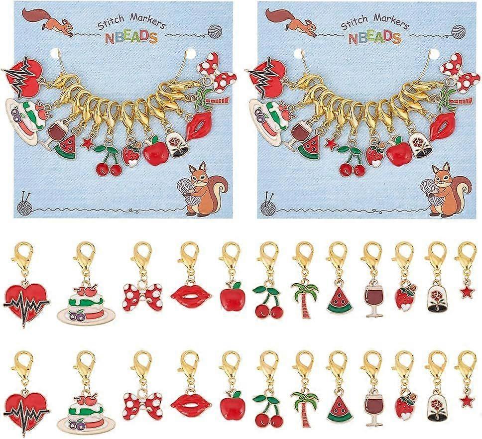 24 Pcs Summer Stitch Markers Red Series Enamel Crochet Stitch Marker Charms Removable Alloy Lobster Clasps Locking Stitch Marker for Knitting Weaving 
