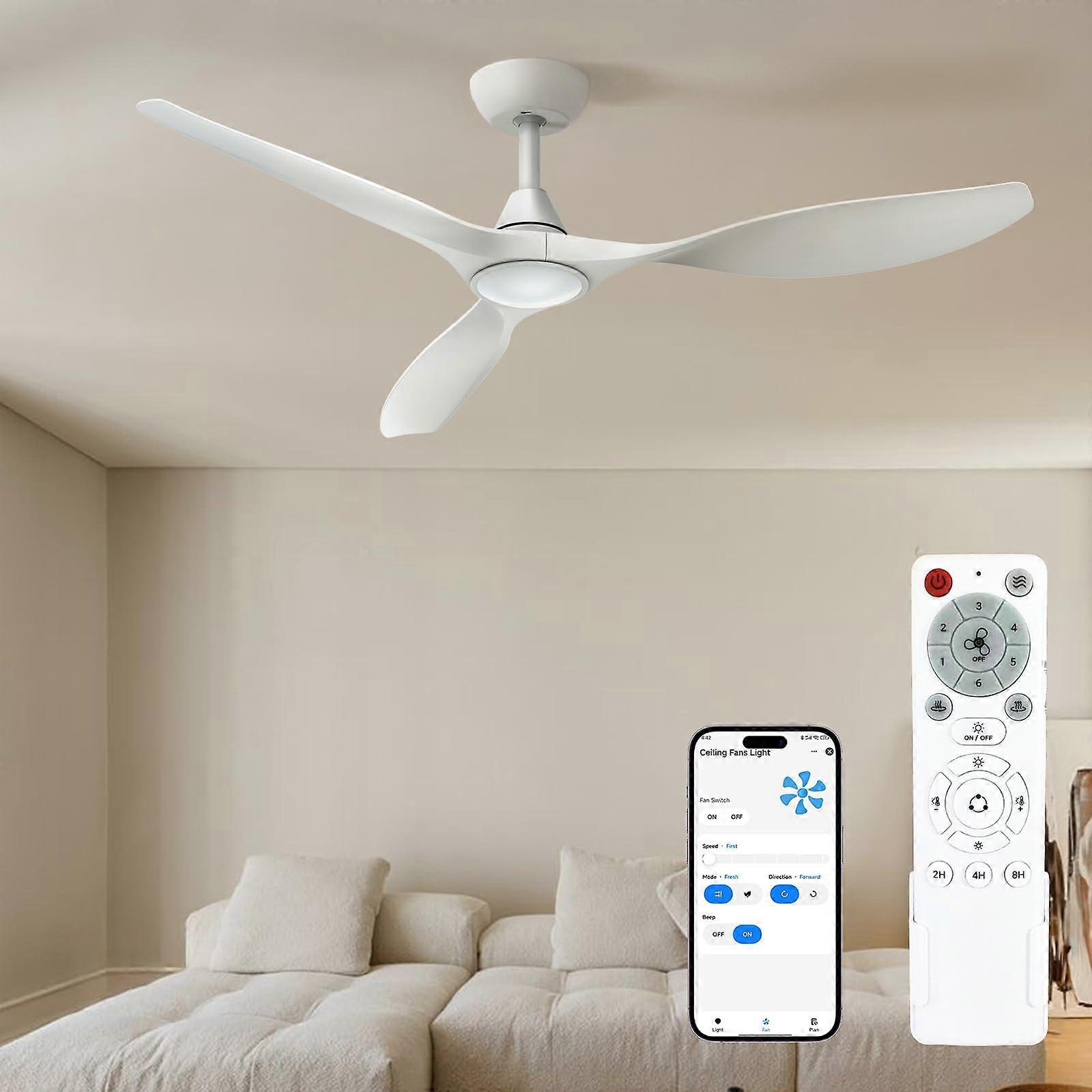 52 Inch Ceiling Fan with Light and Remote, White Modern Smart App Control, Quiet Reversible Motor, 6 Speeds