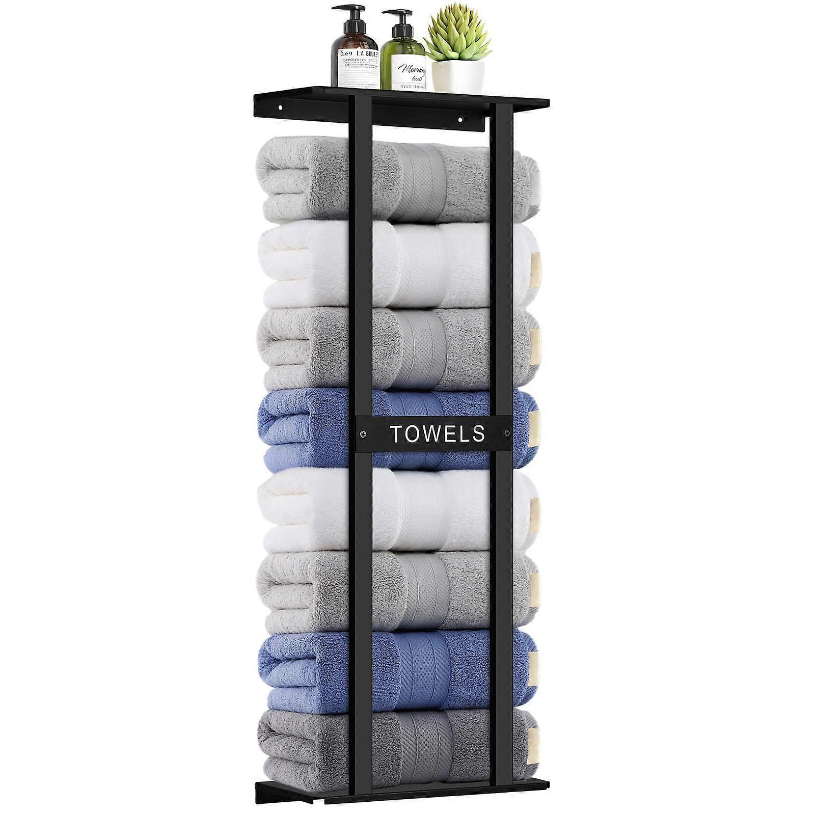 31 Inch Wall Mounted Towel Rack Holds 6 Large Towels with Extra Shelf Storage Modern Black Finish