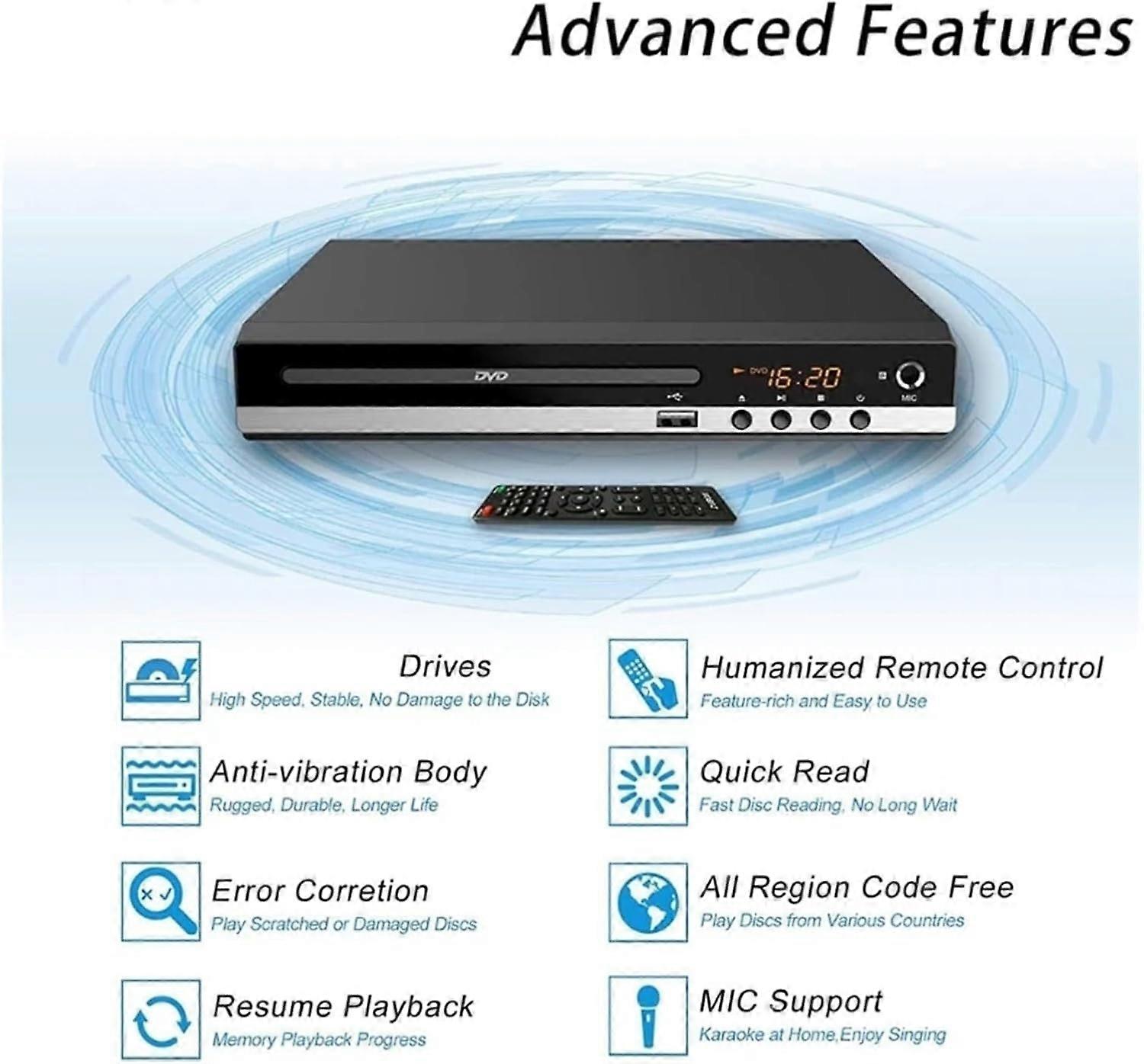 DVD Player 1080P High-Definition All Region Free for TV with AV Output and Built-in MIC Port for DVD CD Discs