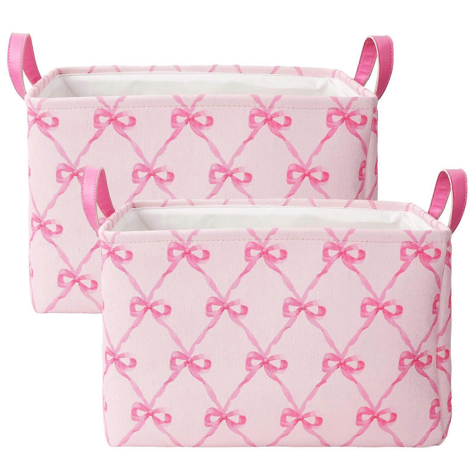 Set of 2 Large Pink Fabric Storage Baskets with Handles and Bow Design for Home Organization