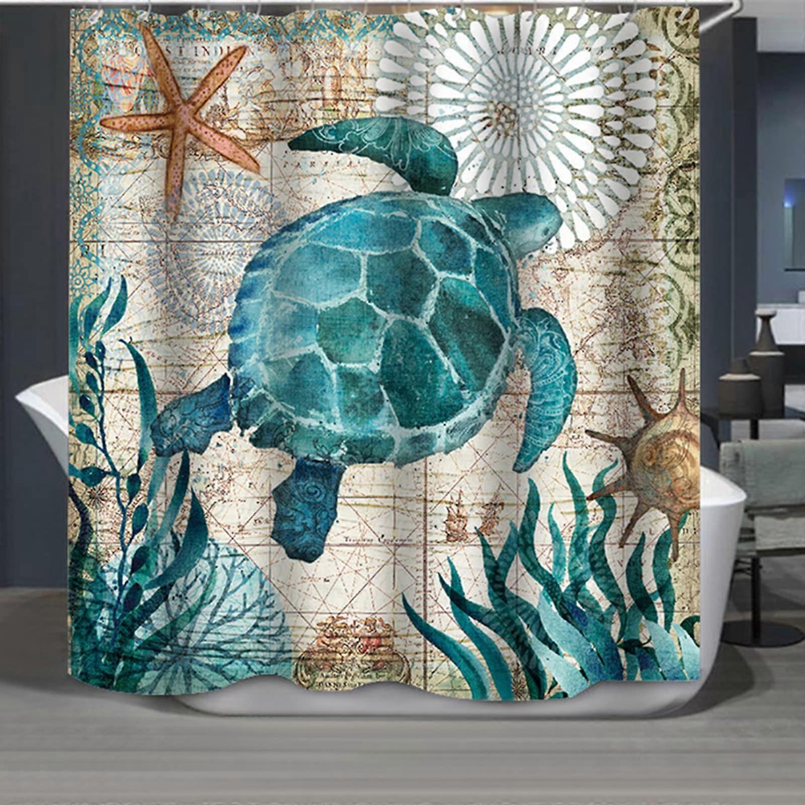 Beach Theme Sea Turtle Shower Curtain 72x72 Waterproof QuickDry Fabric with Rustproof Hooks