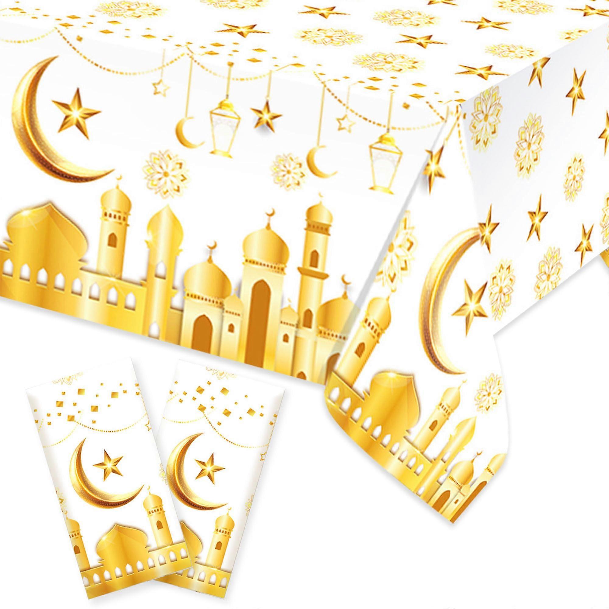 Eid Mubarak Tablecloth with Festive Eid Graphics, Reusable Ramadan Table Cover for Party Decorations