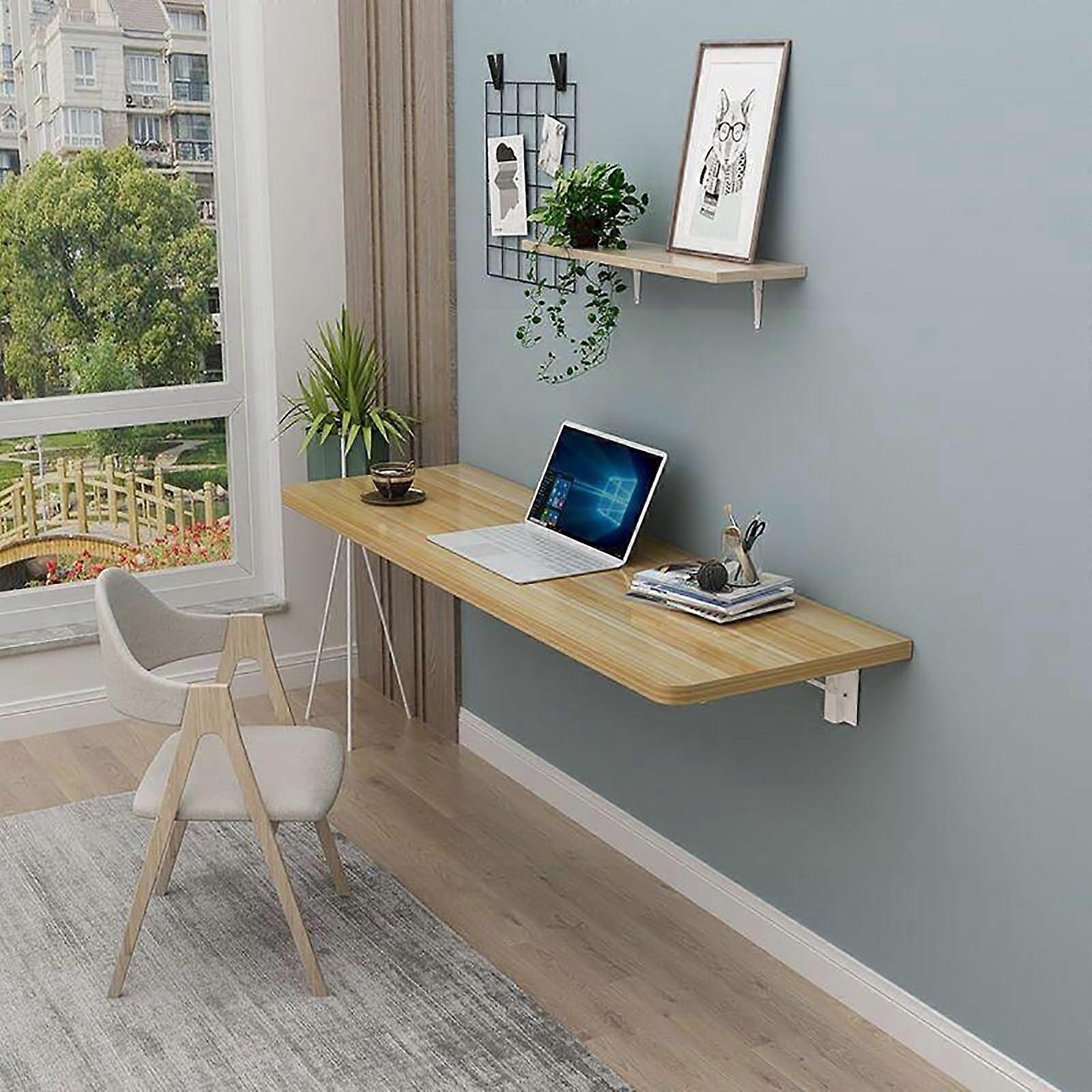 Wall Mounted Folding Table with Storage Shelf, Space Saving Foldable Wall Desk for Kitchen and Home Office, No Drill White Workstation