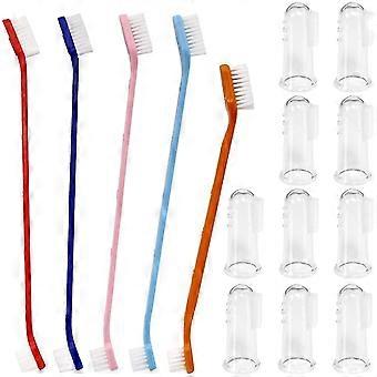 Set med 15, Pet Toothbrush Set, 5 Dual Headed Toothbrush Dog Toothbrush och 10 Finger Tandborste För Hund- och Katttänder Läggning
