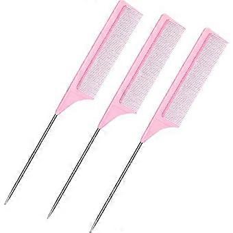 3 Packs Rat Tail Comb Steel Pin Rat Tail Carbon Fiber Heat Resistant Teasing Combs with Stainless Steel Pintail (Pink)