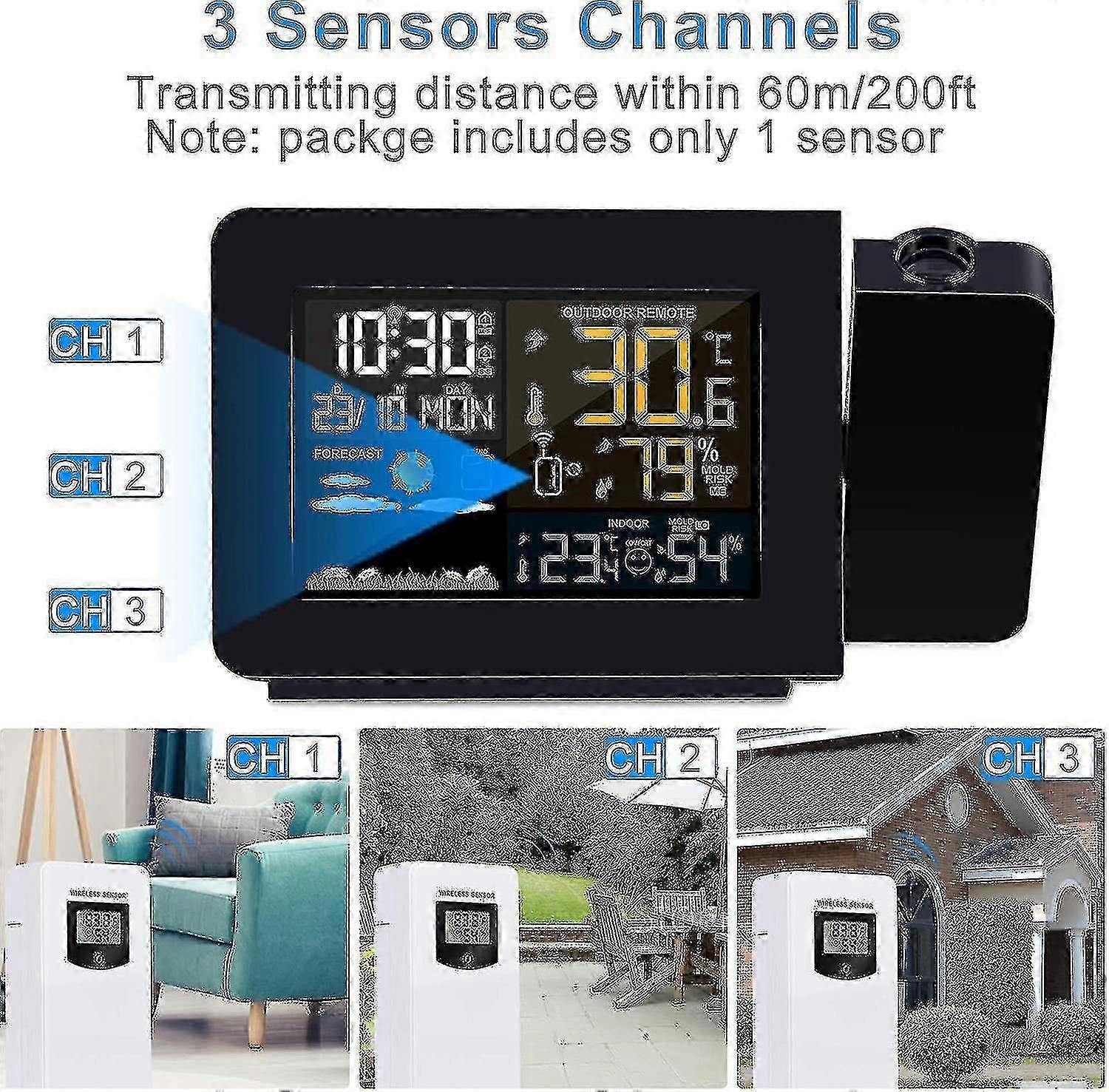Outdoor projection clock with built-in weather station sensor