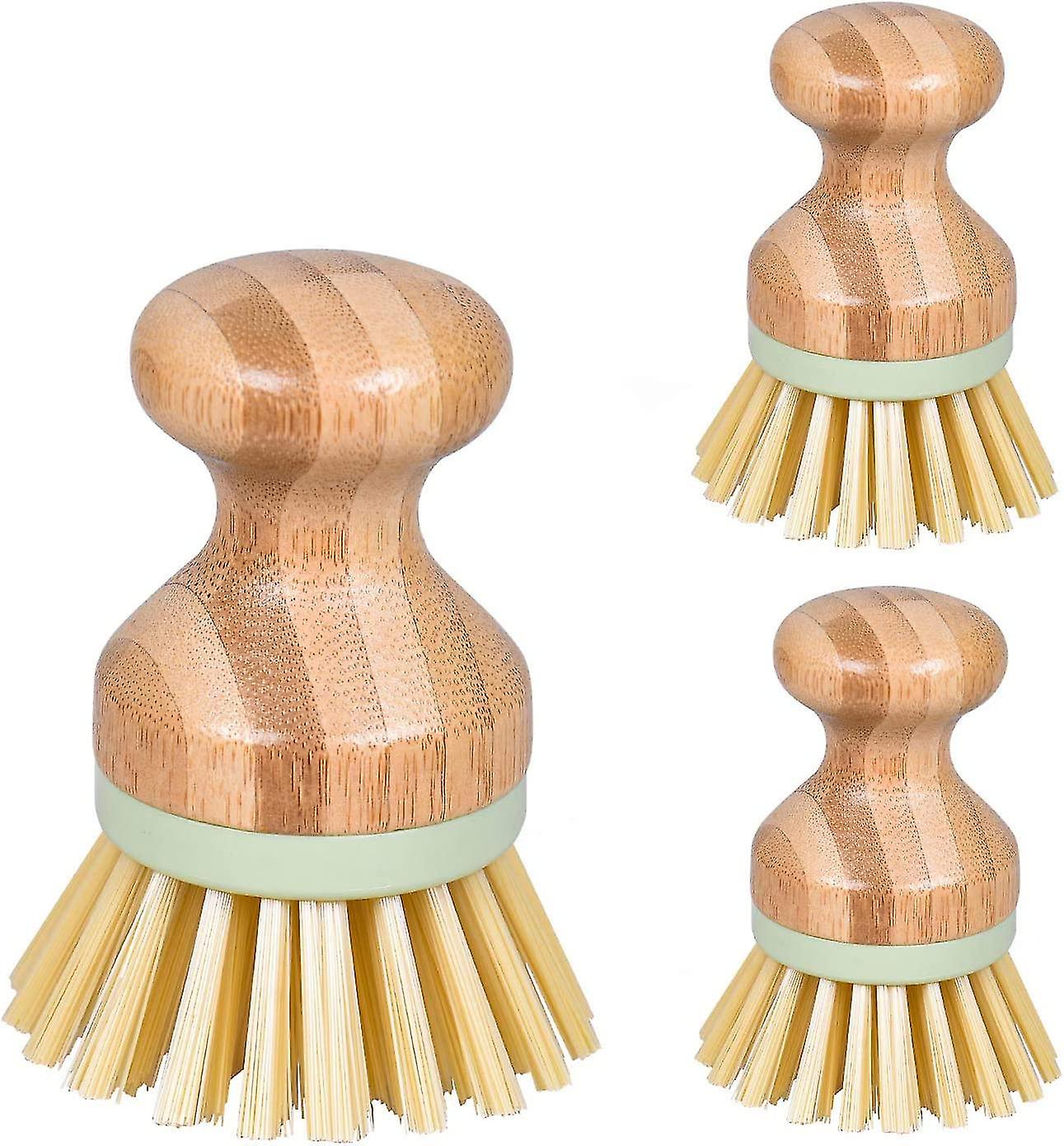 3-pack Round Bamboo Dish Brush, Mini Kitchen Palm Scrub Brush With Natural Bamboo Handle And Stiff Bristle, Designed For Kitchenware And Household Cle