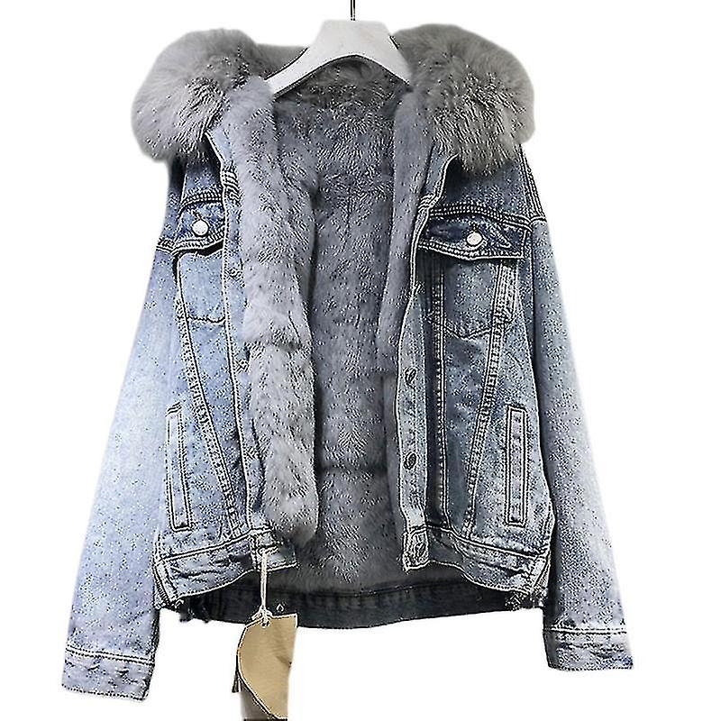 Giacca in denim da donna invernale Collo in pelliccia cuscino in pile