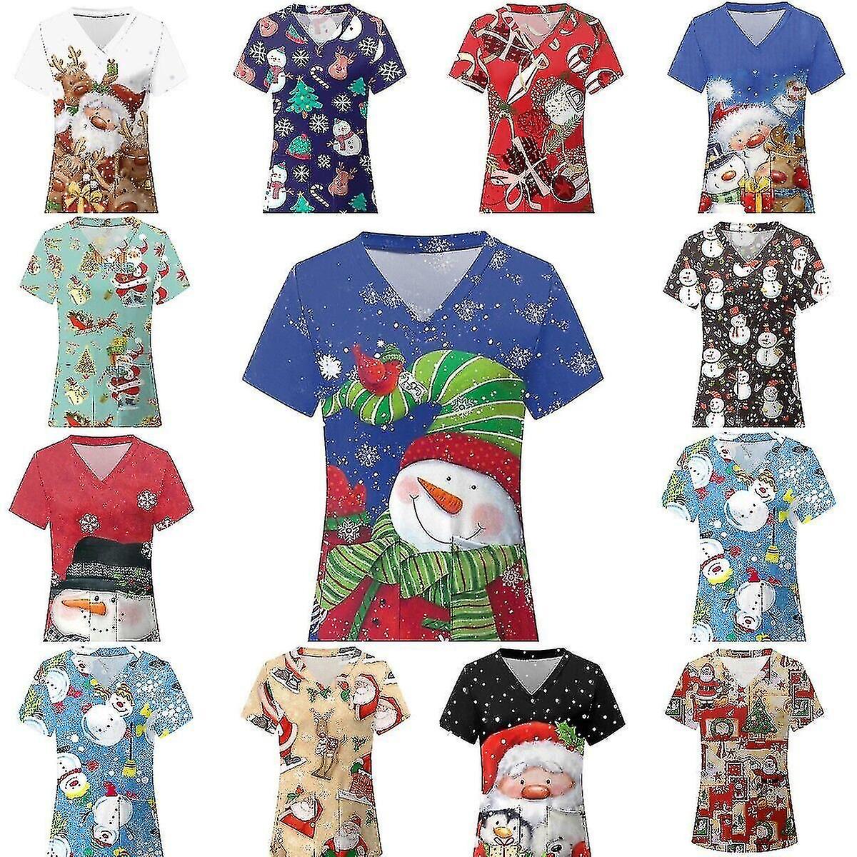 Natale donne infermieristica uniforme scrub scollo a V manica corta top con camicetta tascabile