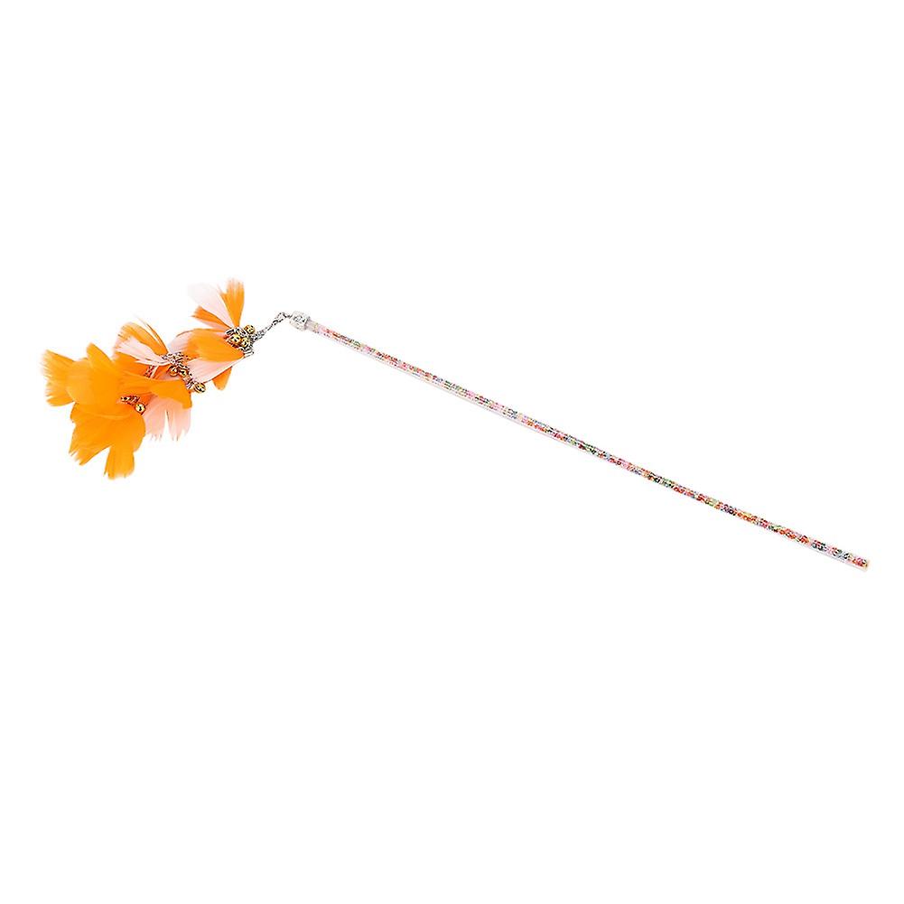 Interactive cat wand toy, funny cat toy with natural feathers and bell (orange and white)