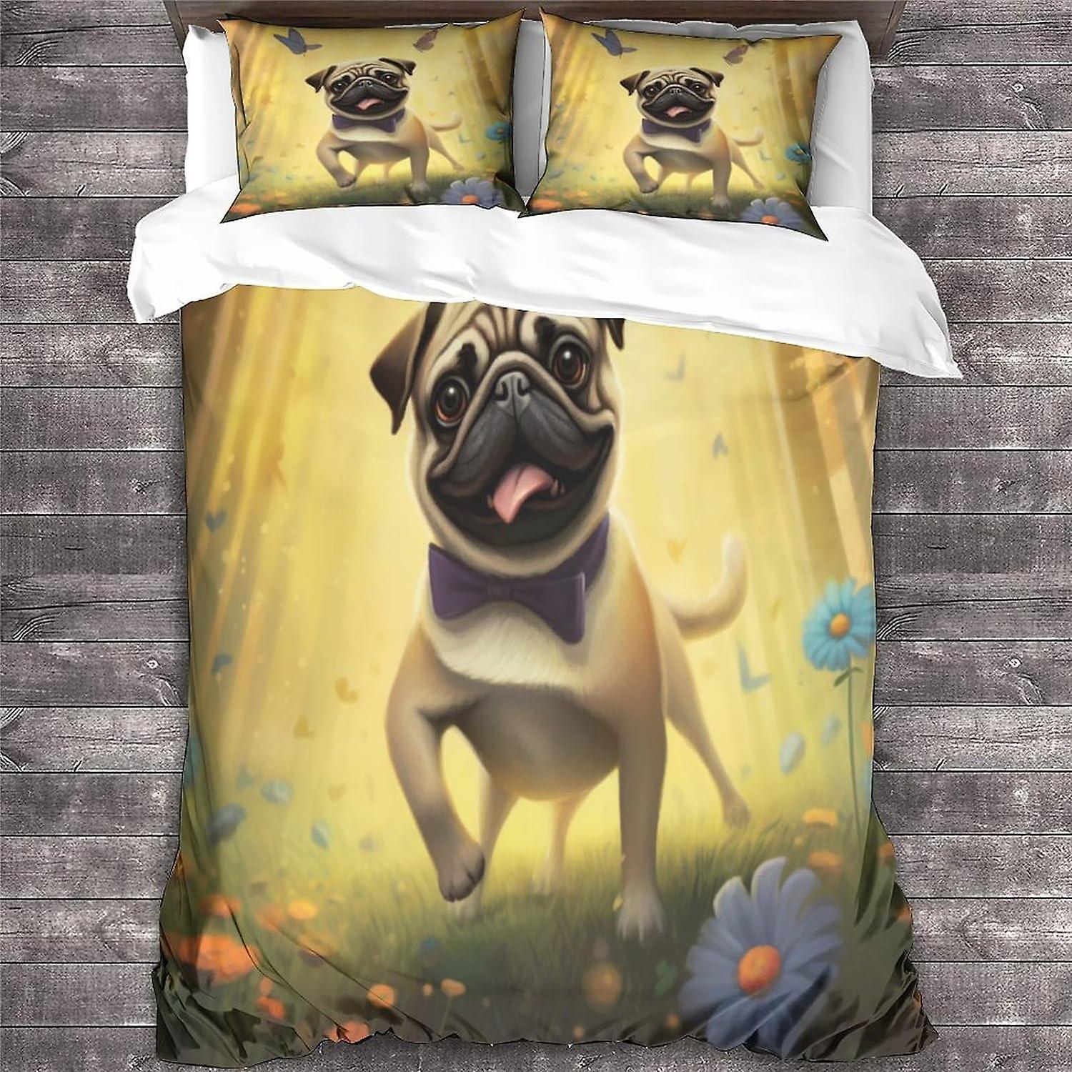 PUG Print Påslakan Set 3D Hund Tryckt Täcke Täcke Tonåringar Djur Mönster Sängkläder Set Härlig Sovrumsinredning 3st Överkast