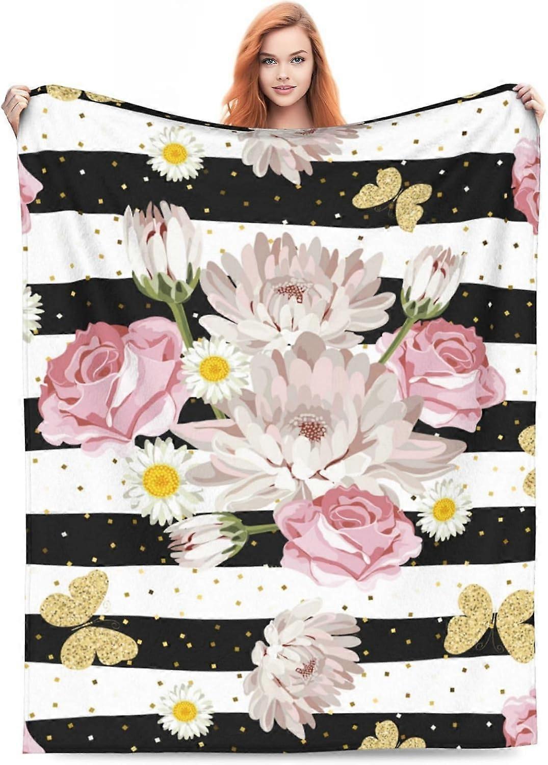 Guldrutig blomma filt kasta filt mjuk luddig resefilt för sovrum vardagsrum soffa kontor bil hela säsongen present till flickor pojkar kvinnor män 