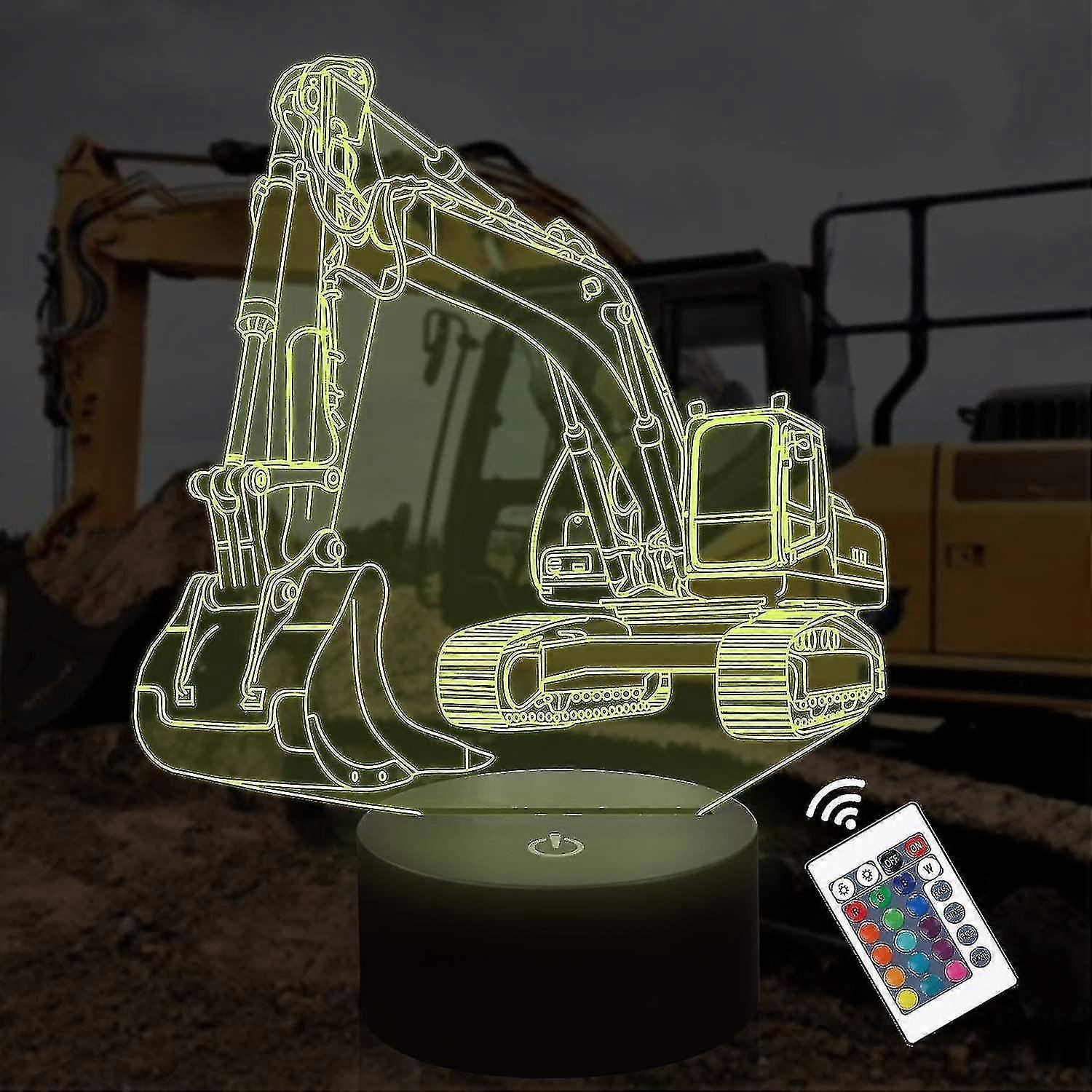 Kids 3d Excavator Night Light Optical Illusion Car Lamp With 16 Colors Remote Control