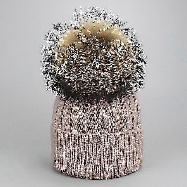 ילדה נשים חורף צמר כובע beanie אמיתי דביבון פרווה פום פום הורה-ילד סרוג כובע ליבת חוט חם גולגולת מזדמנים עצמות שעועית