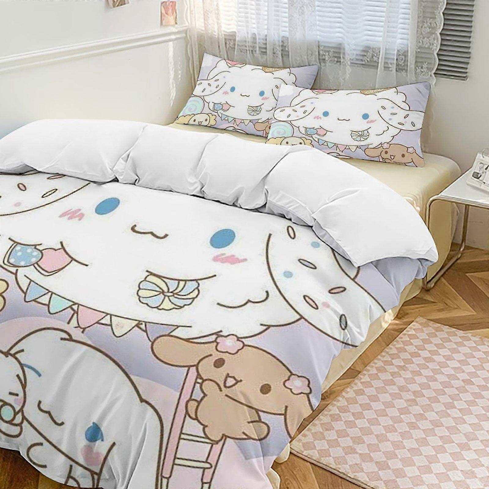 v258 Cinnamoroll 3-delat set med två enkelsängar - inkluderar 1 enkeltäcke och 2 örngott sängkläder - blekningsbeständig mikrofiber - Cinnamoroll io258