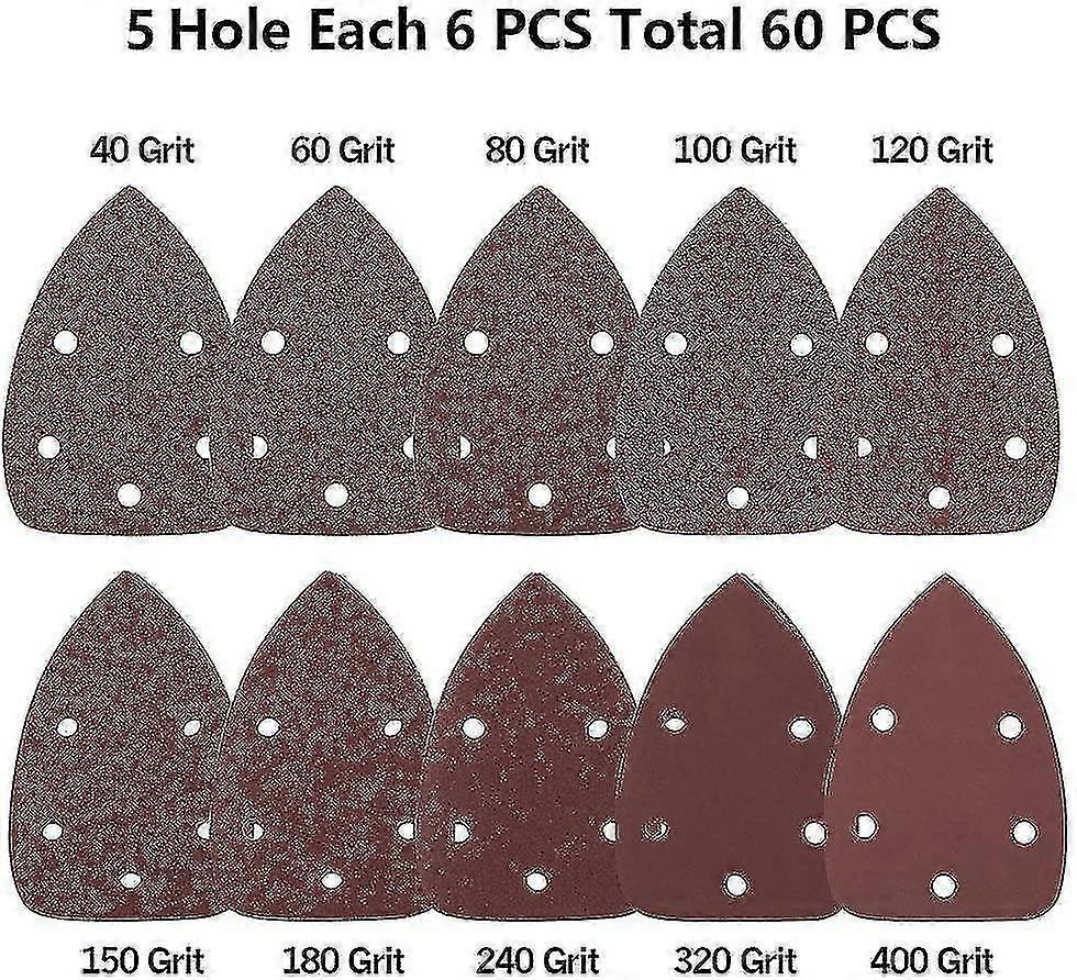 60pcs Mouse Detail Sander Sandpaper,sanding Paper Sheets Hook And Loop Assorted 40, 60, 80, 100, 120, 150, 180, 240, 320, 400 Grits