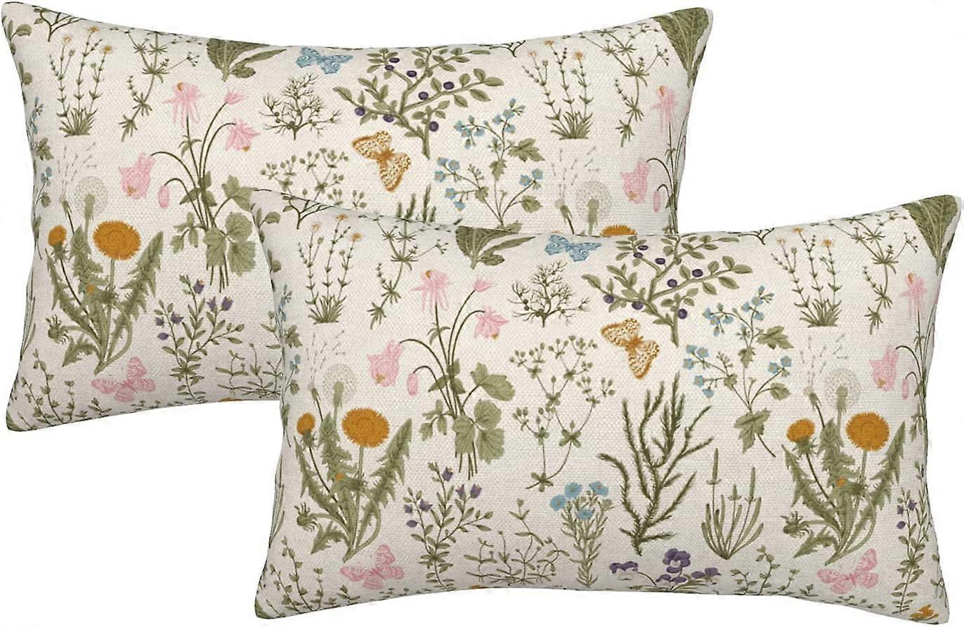 أغطية وسادة الربيع 12x20 بوصة مجموعة من 2 ، حالة وسائد نبات زهرة برية خضراء ، مزرعة موسمية زهرية في الهواء الطلق مزخرفة مربعة من الكتان ديسمبر