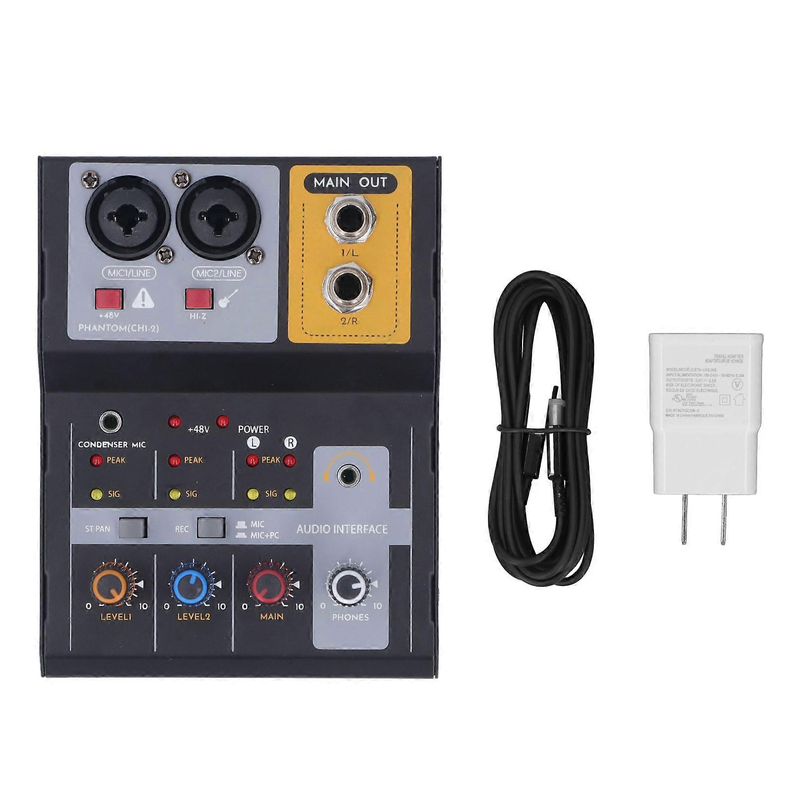 Recording Mixer 2 Channel Low Noise 48V Phantom Power USB External Sound Card for Live Streaming Karaoke Stage 100V?240V US Plug