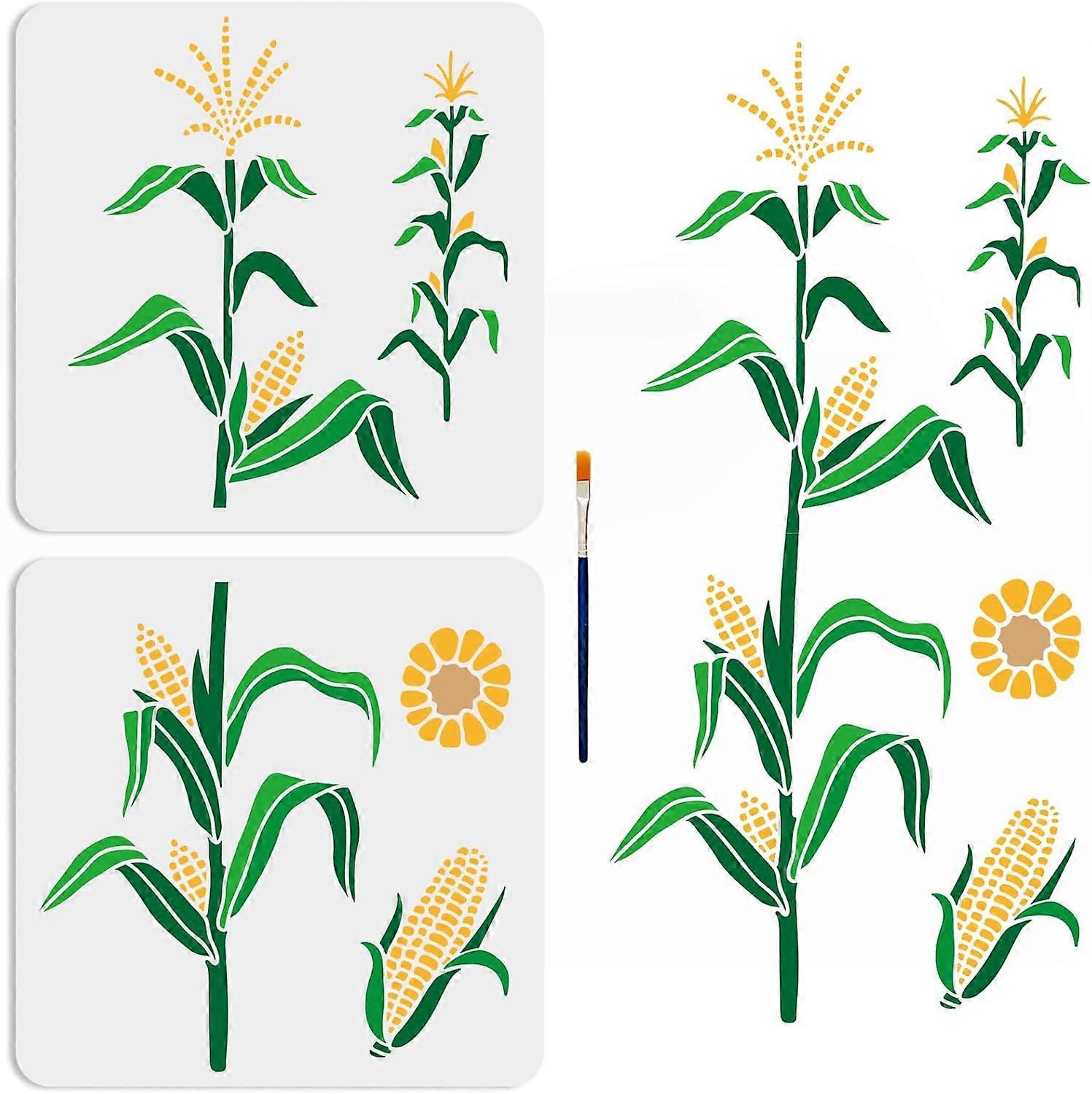 2pcs Corn Stencil 8.321.9inch Splicing Large Cornstalk Stencil for Painting with Paint Brush 11.811.8inch Farm Crops Template for DIY Craft Canvas Wal