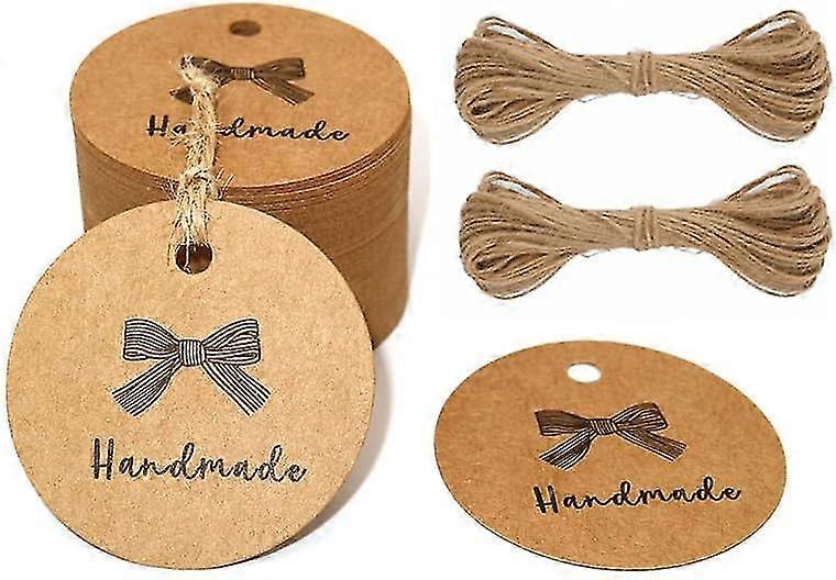 100 Kraft Paper Handmade Gift Tags - 4.3 Cm With Jute String