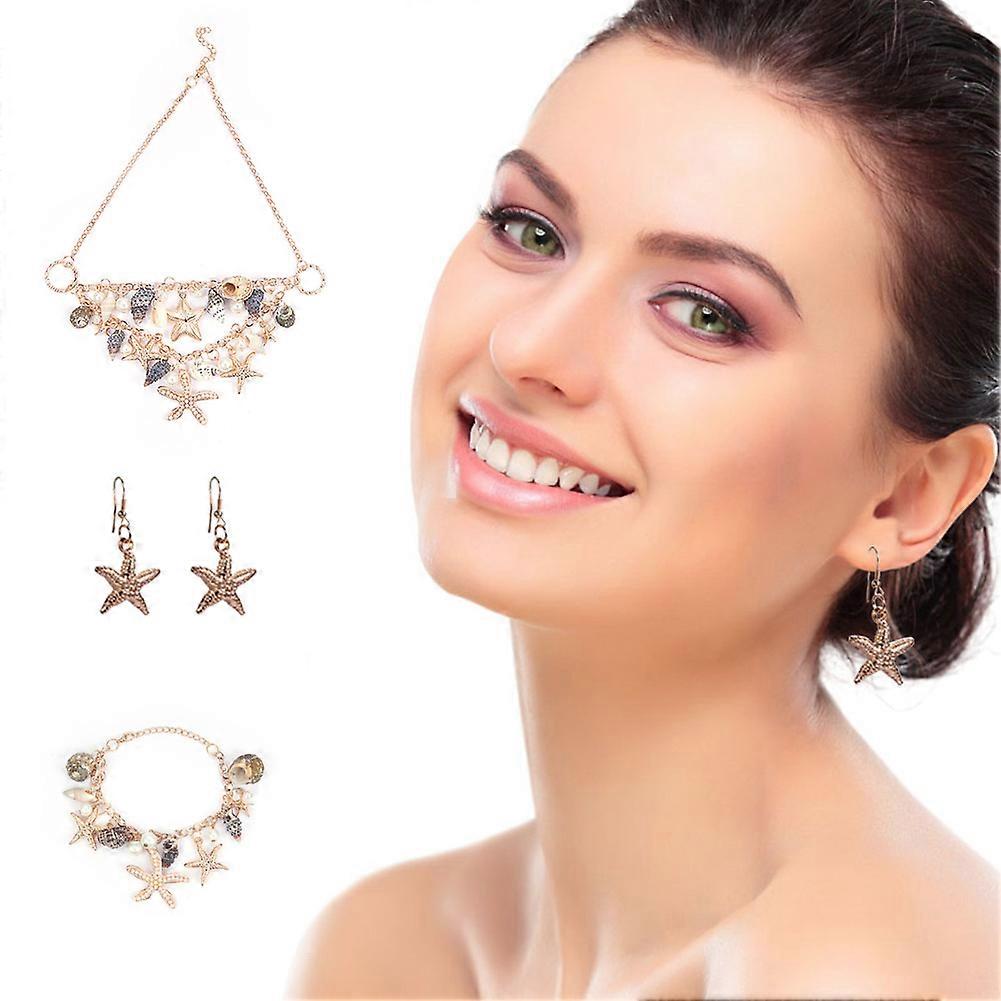 3 in 1 Summer Sea Beach Shell Starfish Pearl Bib Statement Chunky Necklace, Bracelets, Shell Earrings for Women(Gold-plated)