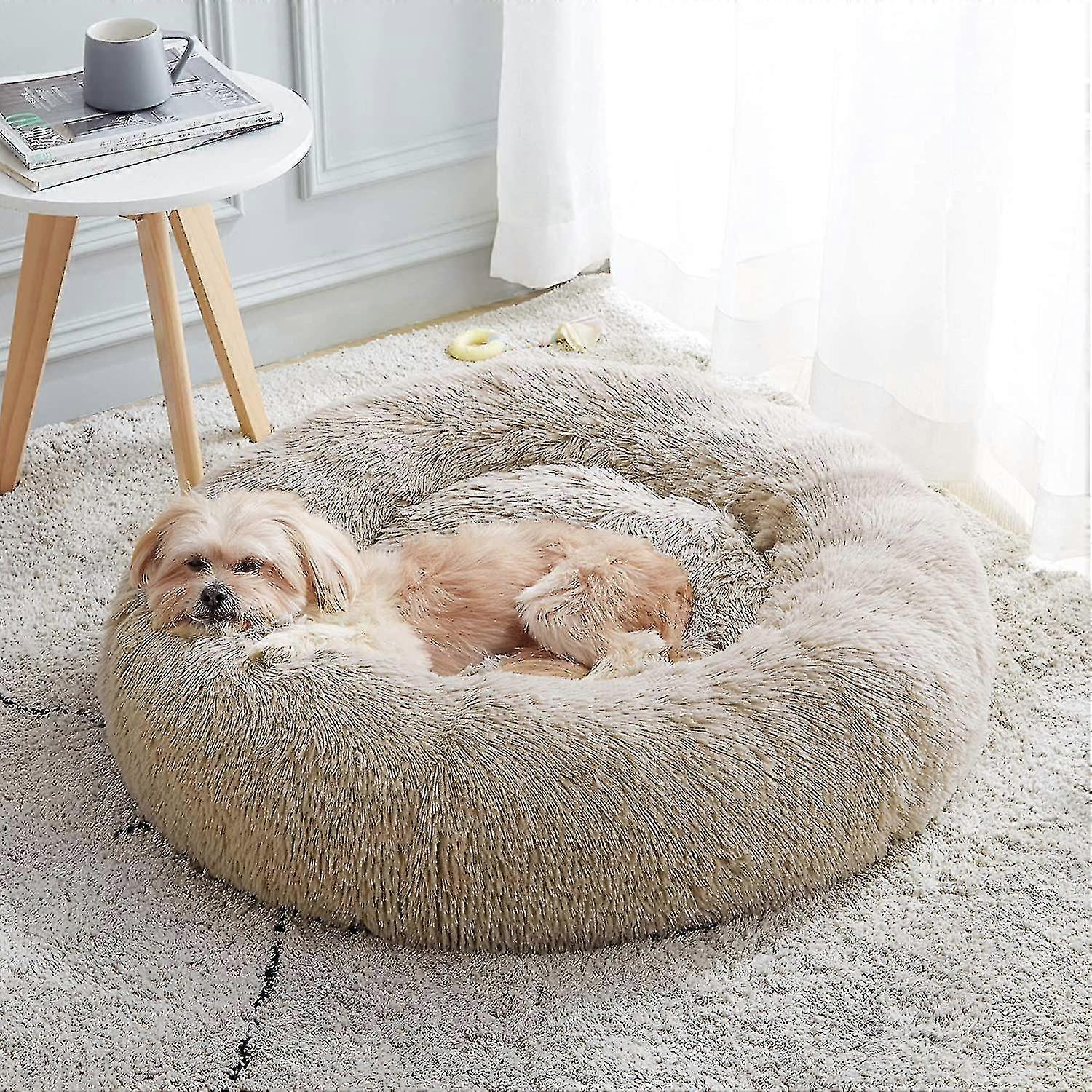 Enjamoy Plush Donut Dog Bed, Calming Round Dog Cat Bed Soft And Fluffy Cuddler Pet Cushion Self Warming Puppy Beds Machine Washable Dark Grey 50cm
