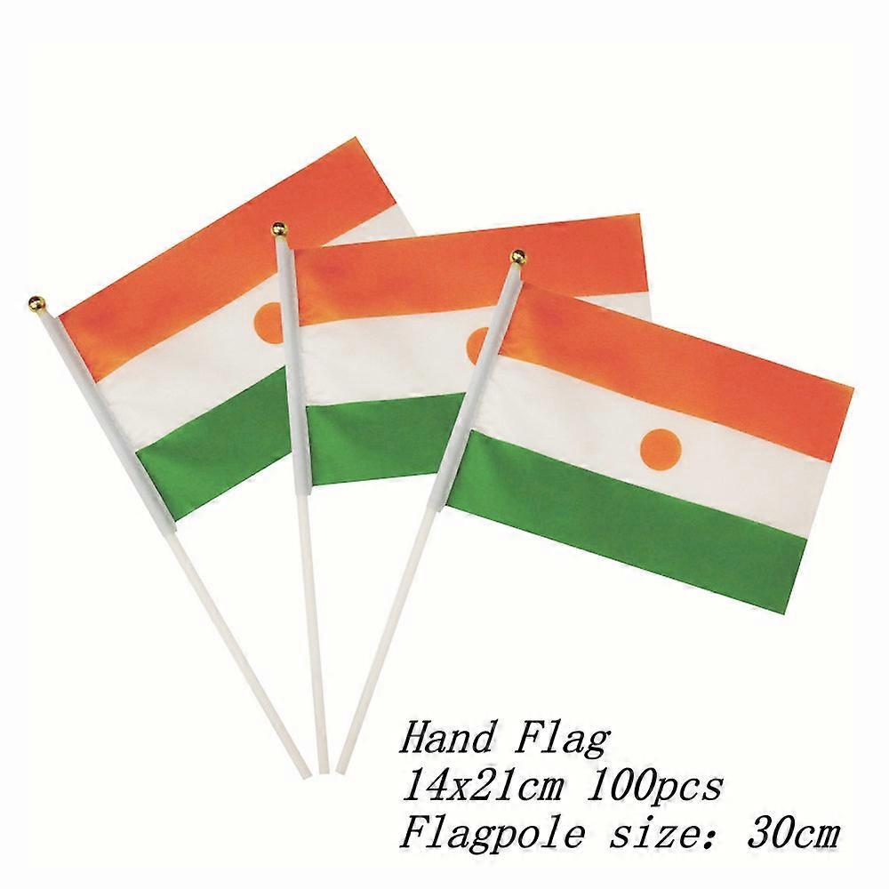 zwjflagshow Niger Hand Flag 14*21cm 100pcs polyester fabrics nigerSmall Hand waving Flag with plastic flagpole for decor