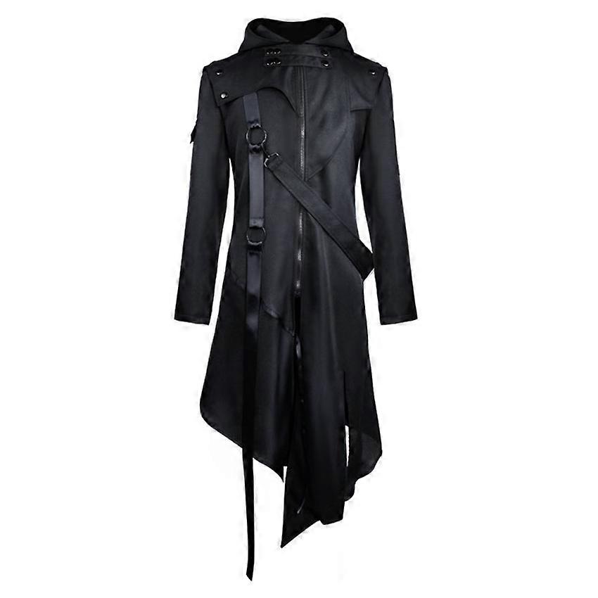 Vintage Gothic Steampunk Renaissance Man Jacket Medieval Autumn Hooded Zipper Coat Costume for Men Plus Size Black Strap Tuxedo