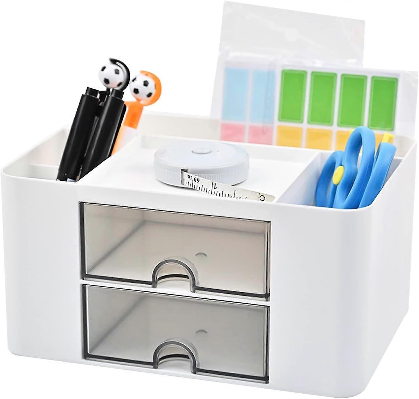 Desk Organizer with Drawer, Pen Holder, White Drawers, 7 Compartment Desk Organizer, Multi-Function Desktop Storage Box, White