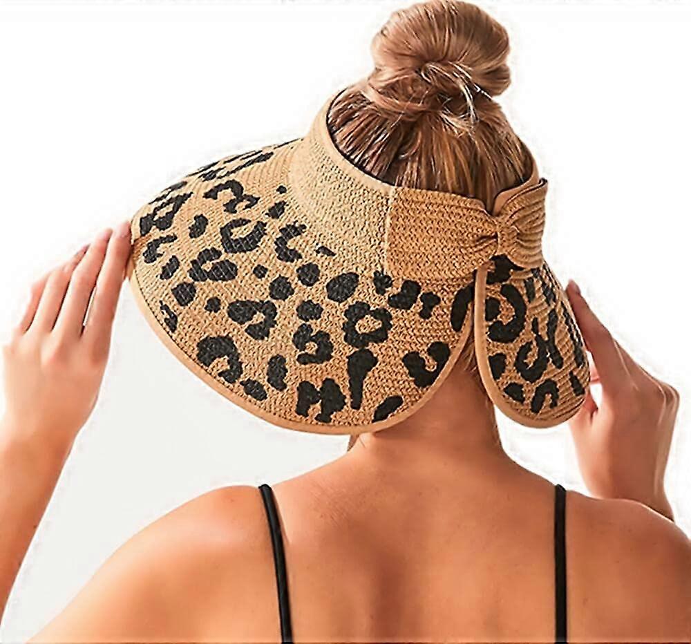 Visiere da sole da donna a tesa larga Pieghevole Packable Ponytail Beach Hat Straw Leopard Roll Up Bow Visor Sun Hats