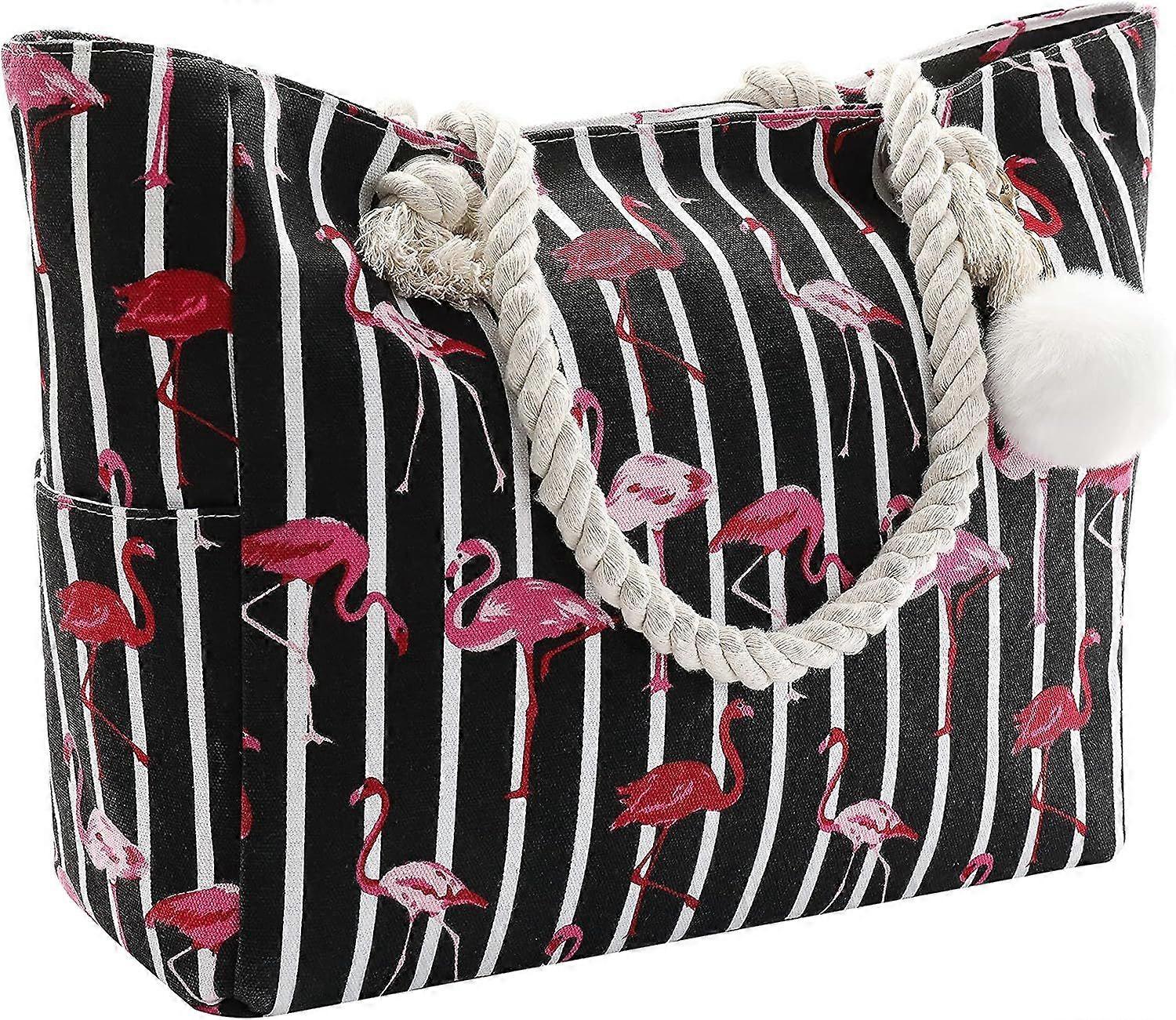 Women Large Beach Canvas Tote Bag with Zipper Pockets for Swim Pool Gym Hiking Picnic Travel
