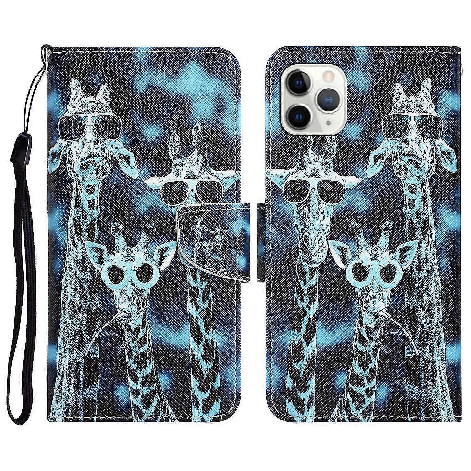 Compatible with iPhone 11 Pro Max Colorful Painting Pattern PU Leather Case with Card Pocket Strap