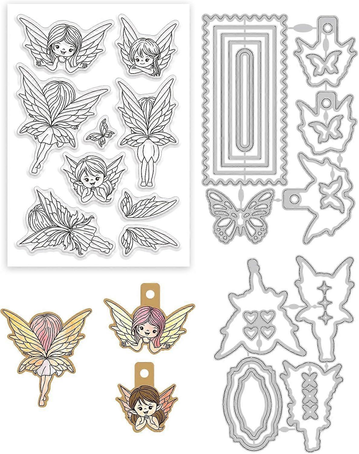 Fairy Tags Clear Stamp Butterfly Elves Tags Frame Cutting Dies Set Elf Silicone Clear Stamps and Metal Butterfly Die Cuts for Card Making and DIY Embo
